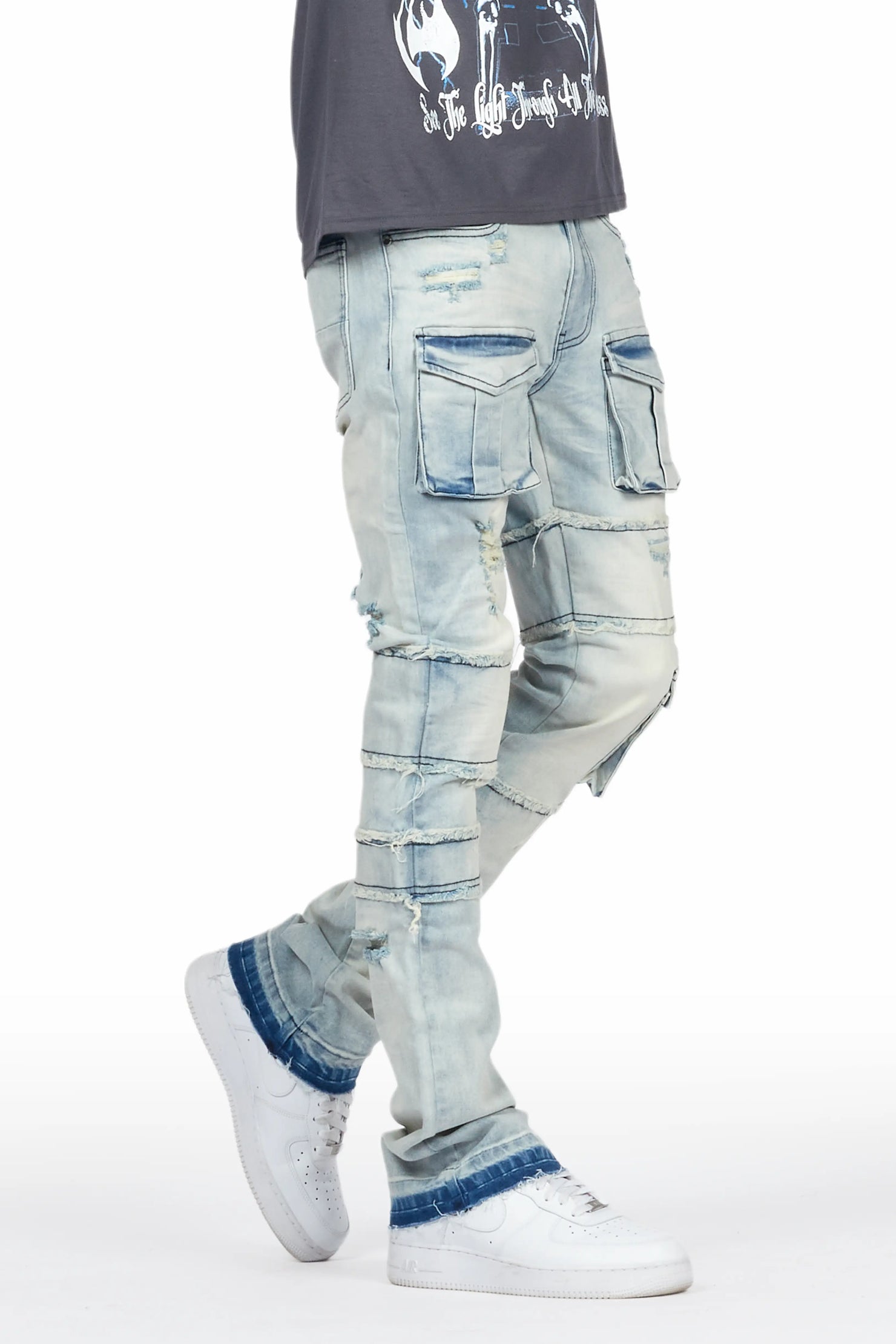 Folant Light Blue Stacked Cargo Flare Jean