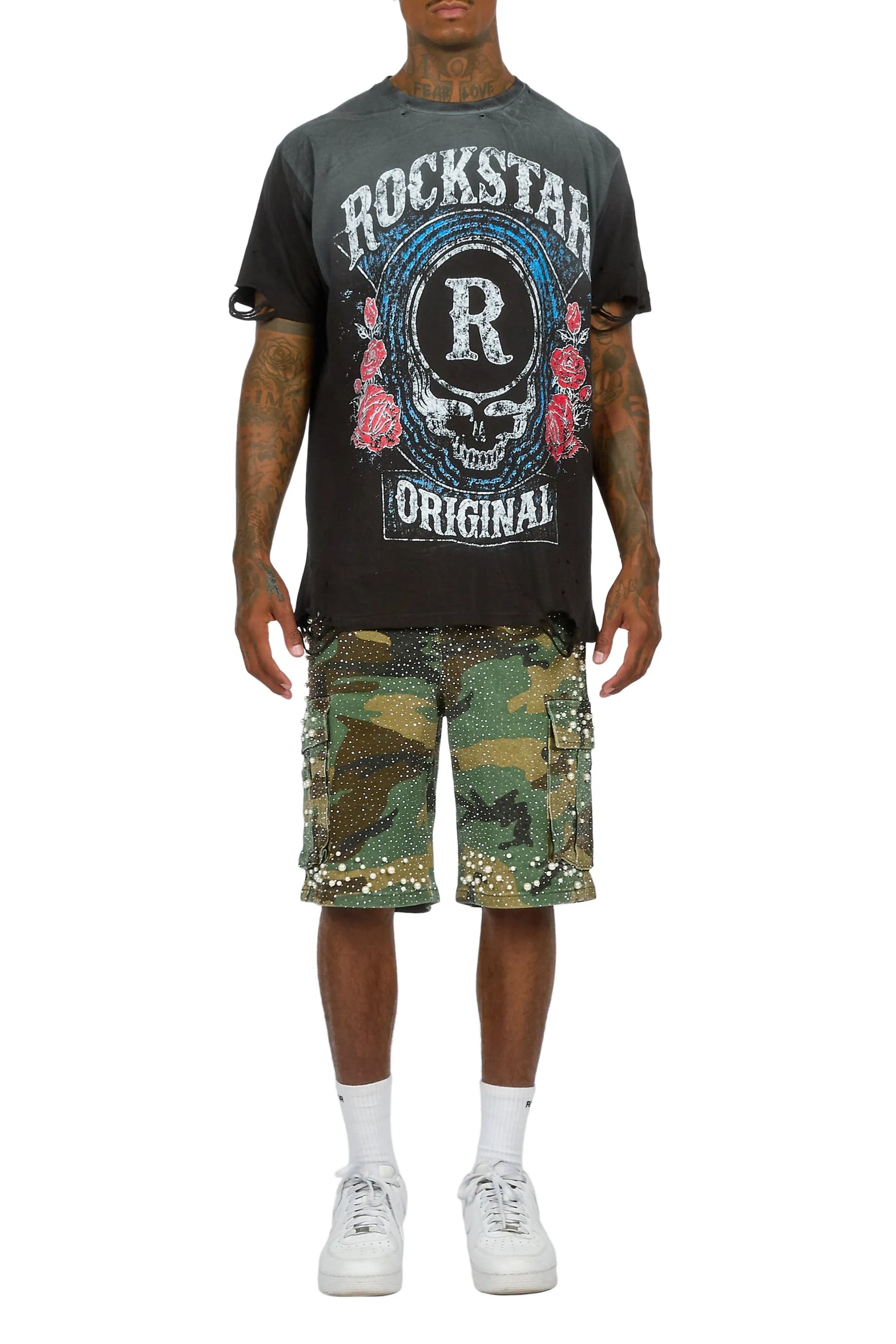 Sevyn Faded Camo Rhinestone Denim Short