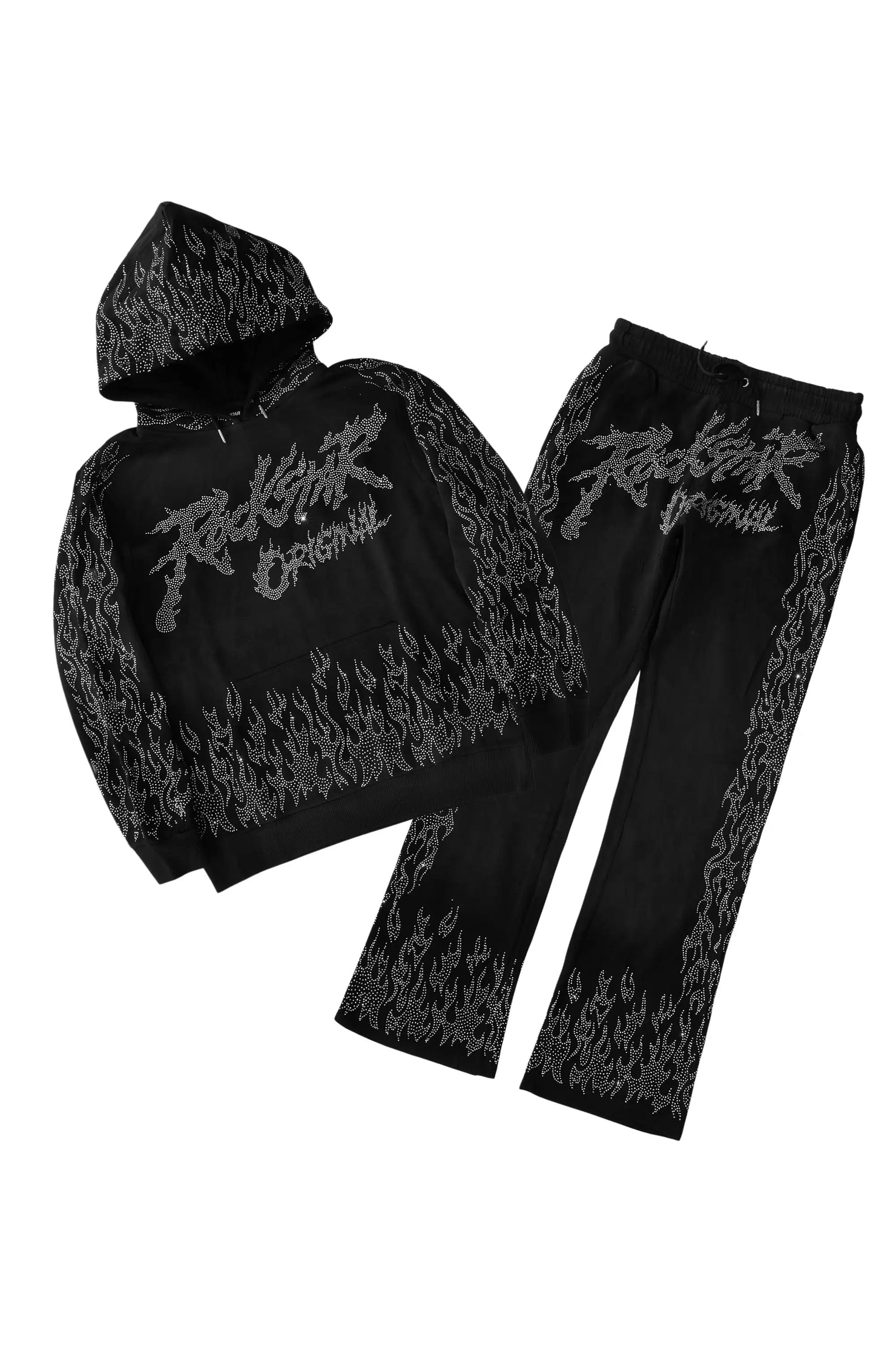 Bubble Black Rhinestone Stacked Flare Hoodie Track Set