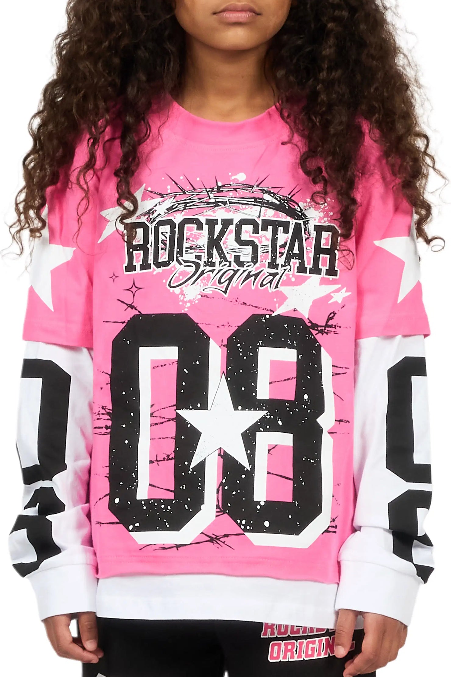 Girls Allstar Pink/Black Double Layer L/S Graphic T-Shirt