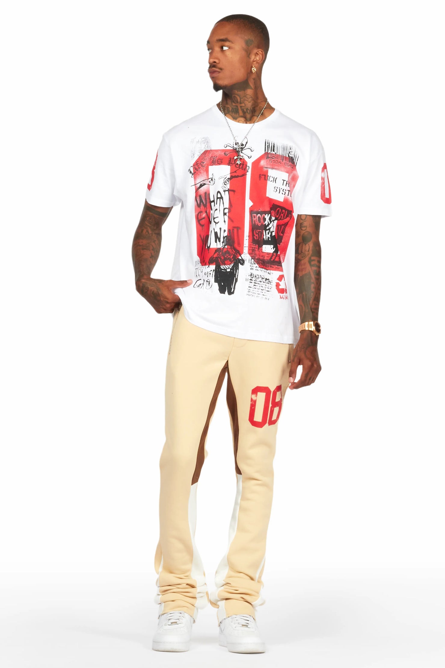 Grill White/Beige Oversized T-Shirt/Super Stacked Track Set