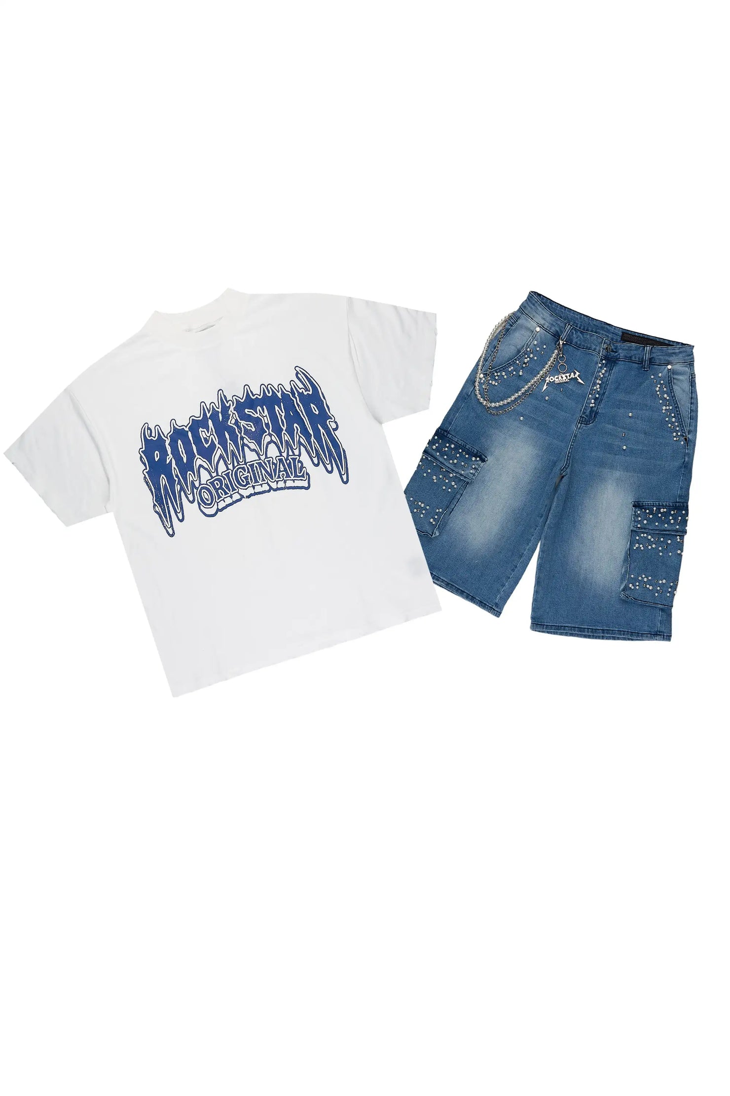 Teo Blue Rhinestone T-Shirt Denim Jort Set
