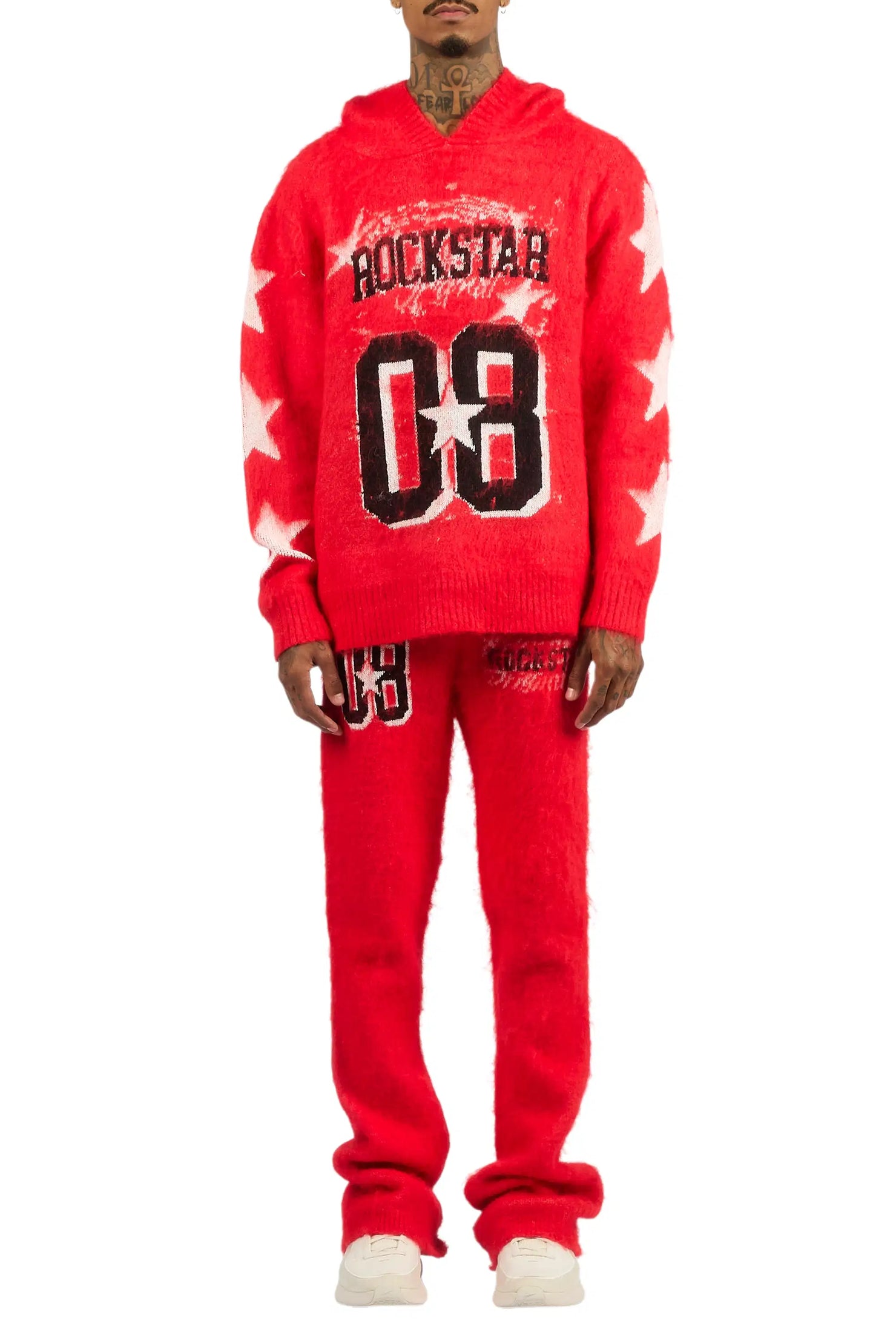 Allstar Red Hoodie Stacked Flare Knitted Mohair Track Set