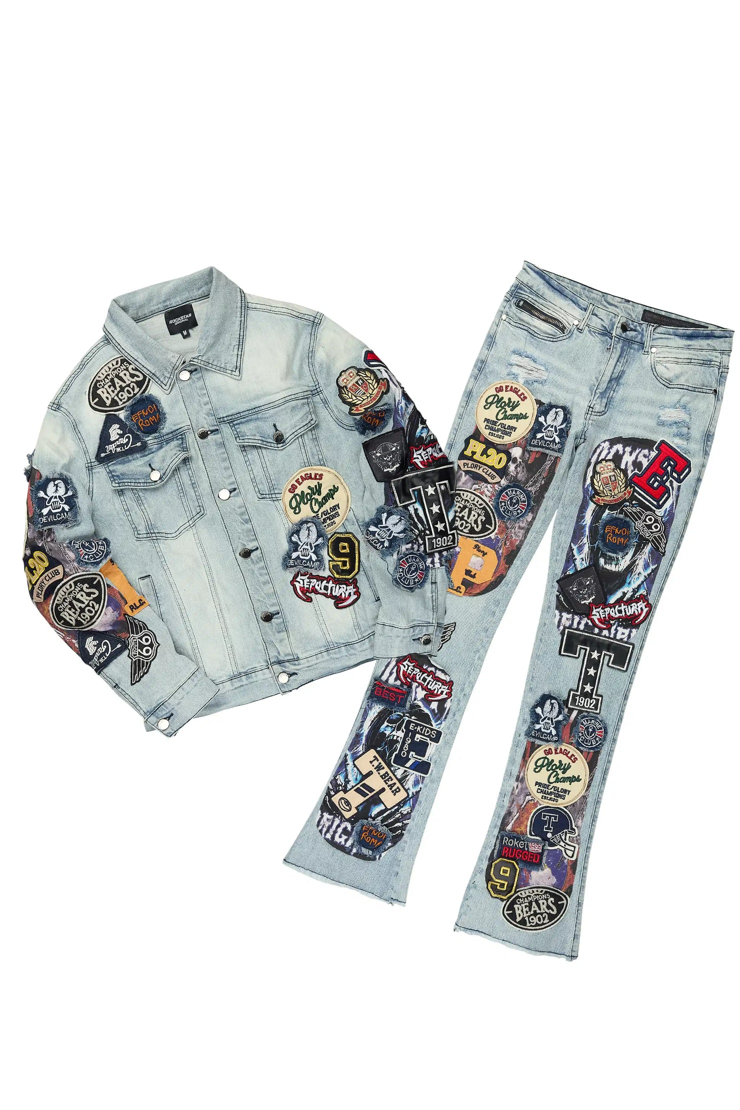 Espan Light Blue Denim Jacket/Stacked Flare Jean Set