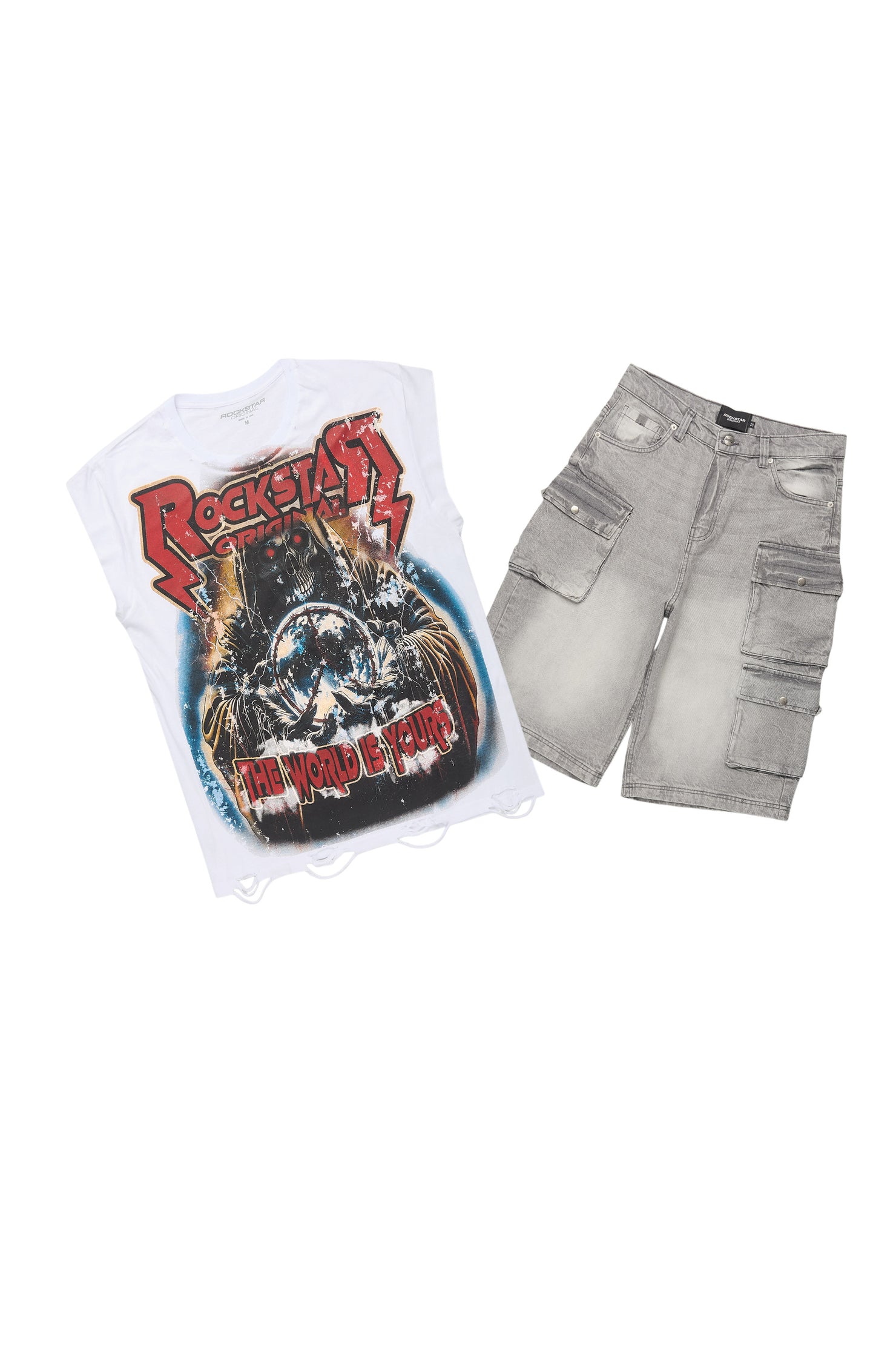 Lucian White Muscle Tee/Denim Jort Set
