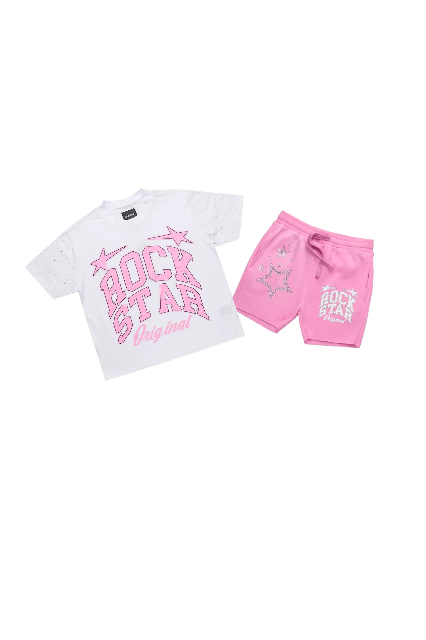 Girls Flaveya White/Pink Rhinestone T-Shirt Short Set