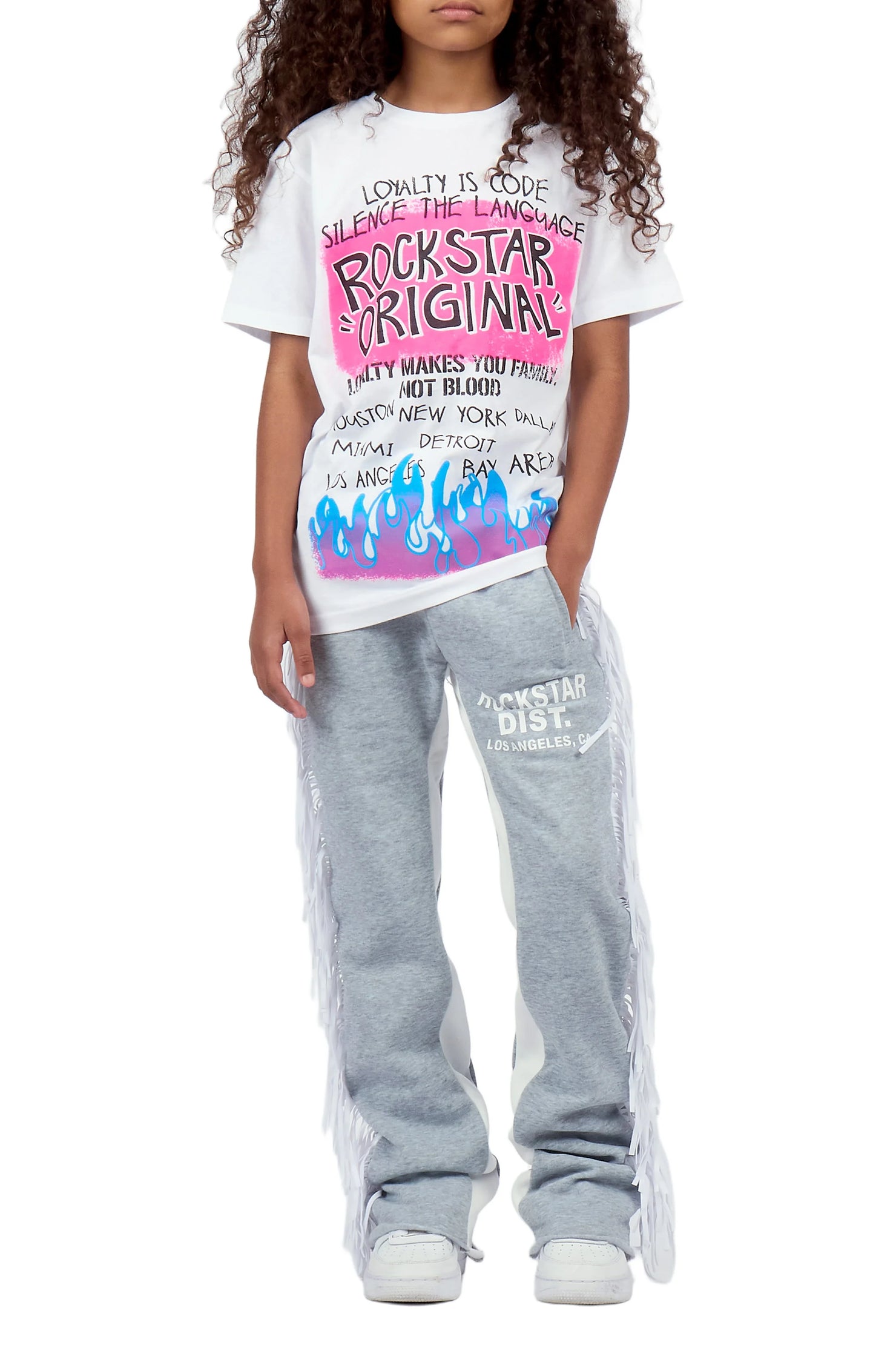Girls Briken White/Grey T-Shirt/Fringe Stacked Pant Set