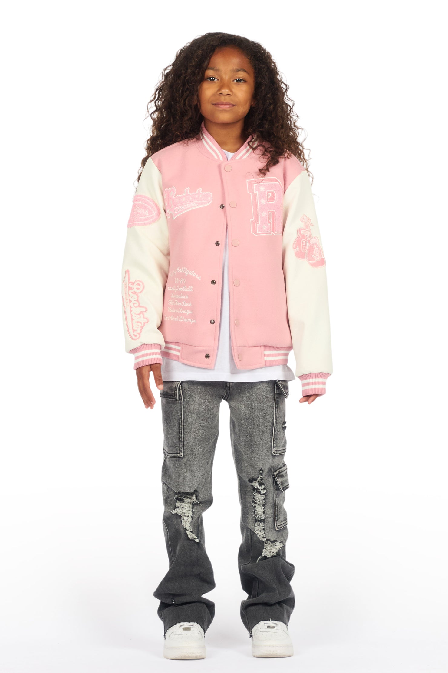 Girls Rosalyn Pink/White Varsity Jacket