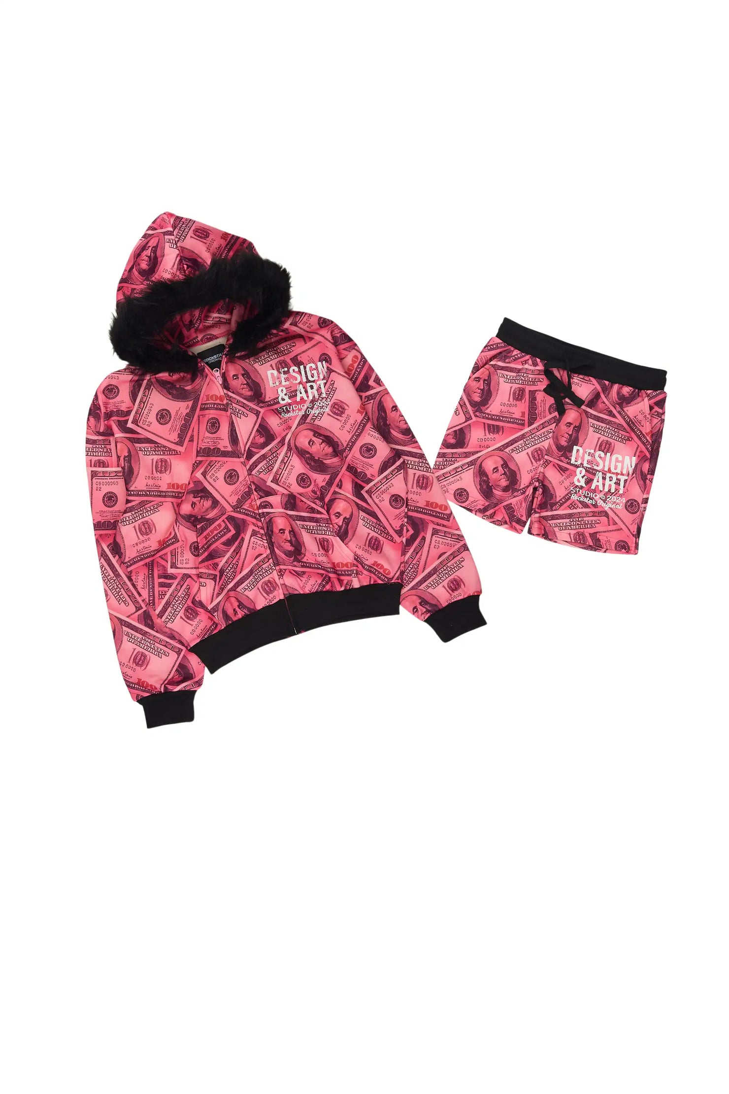 Girls Sidney Pink Zip Up Short Set With Fur Hood