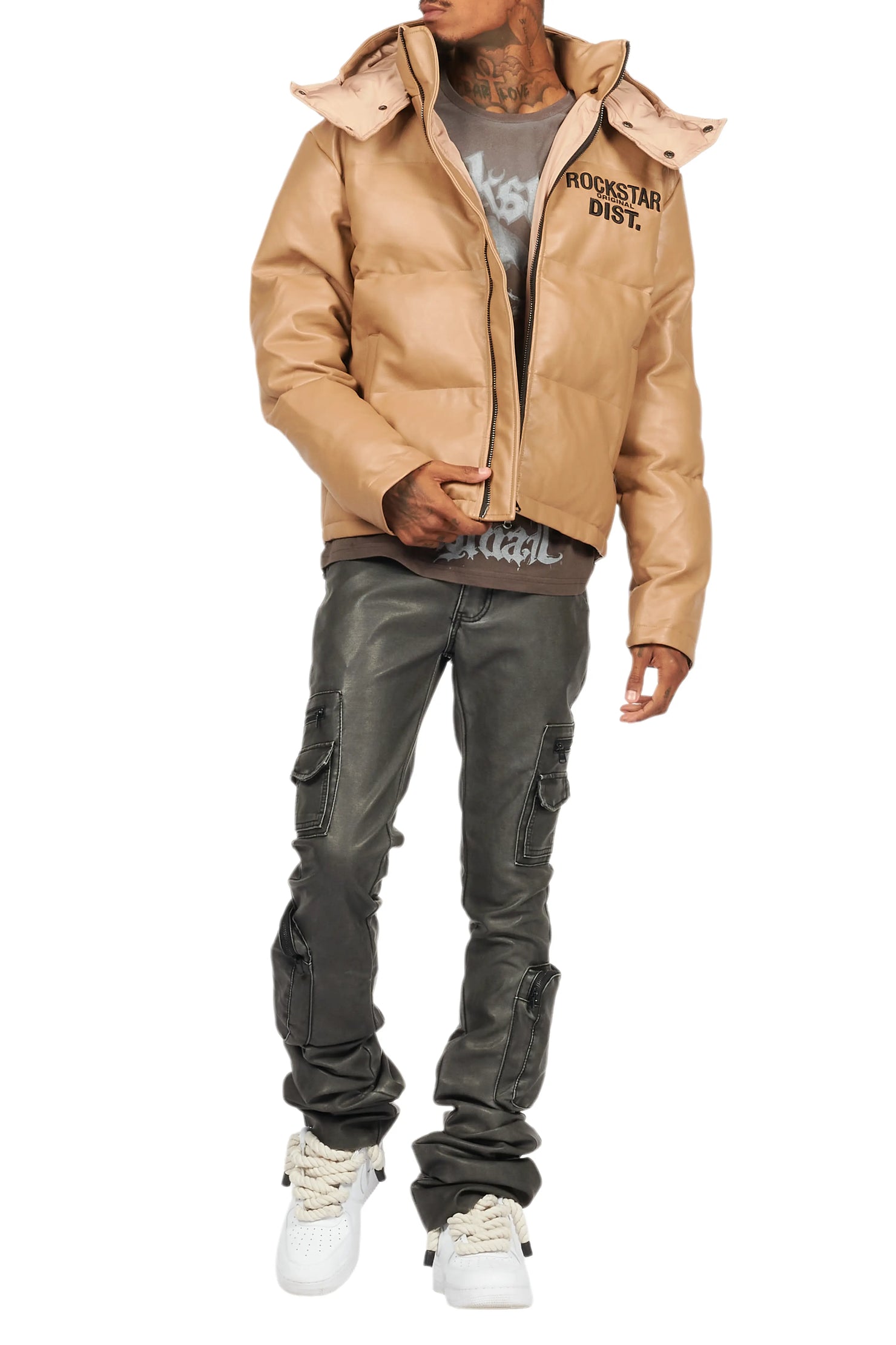 Sutton Distressed Black PU Super Stacked Flare Jean