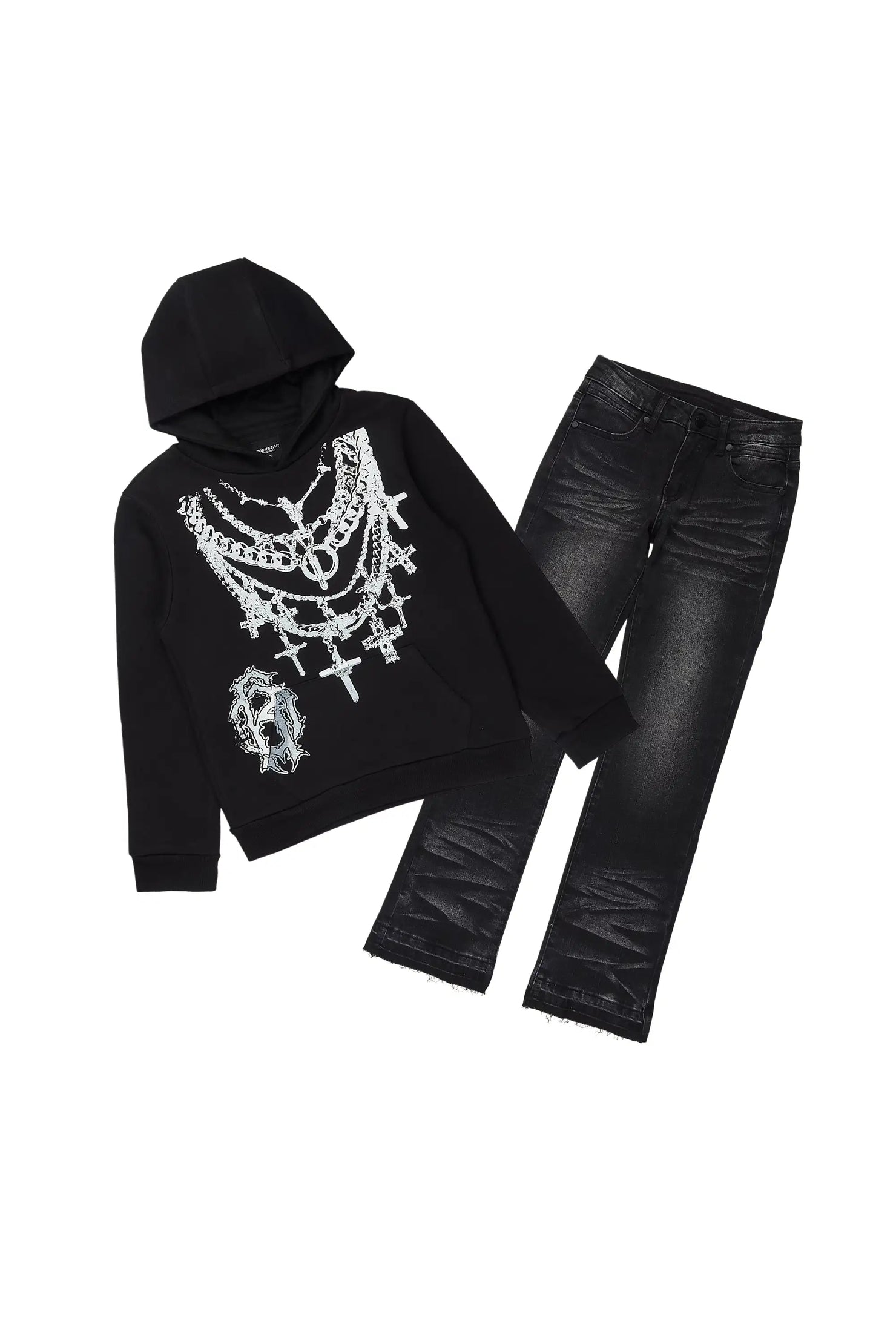 Boys Nyro Black/Grey Hoodie/Stacked Jean Set
