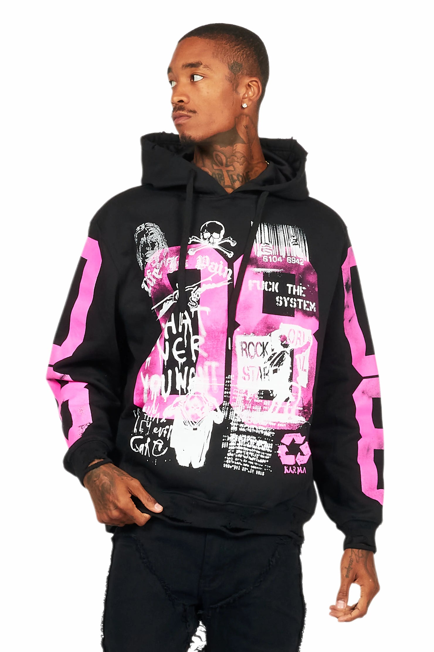 Grill Black/Pink Distressed Graphic Hoodie