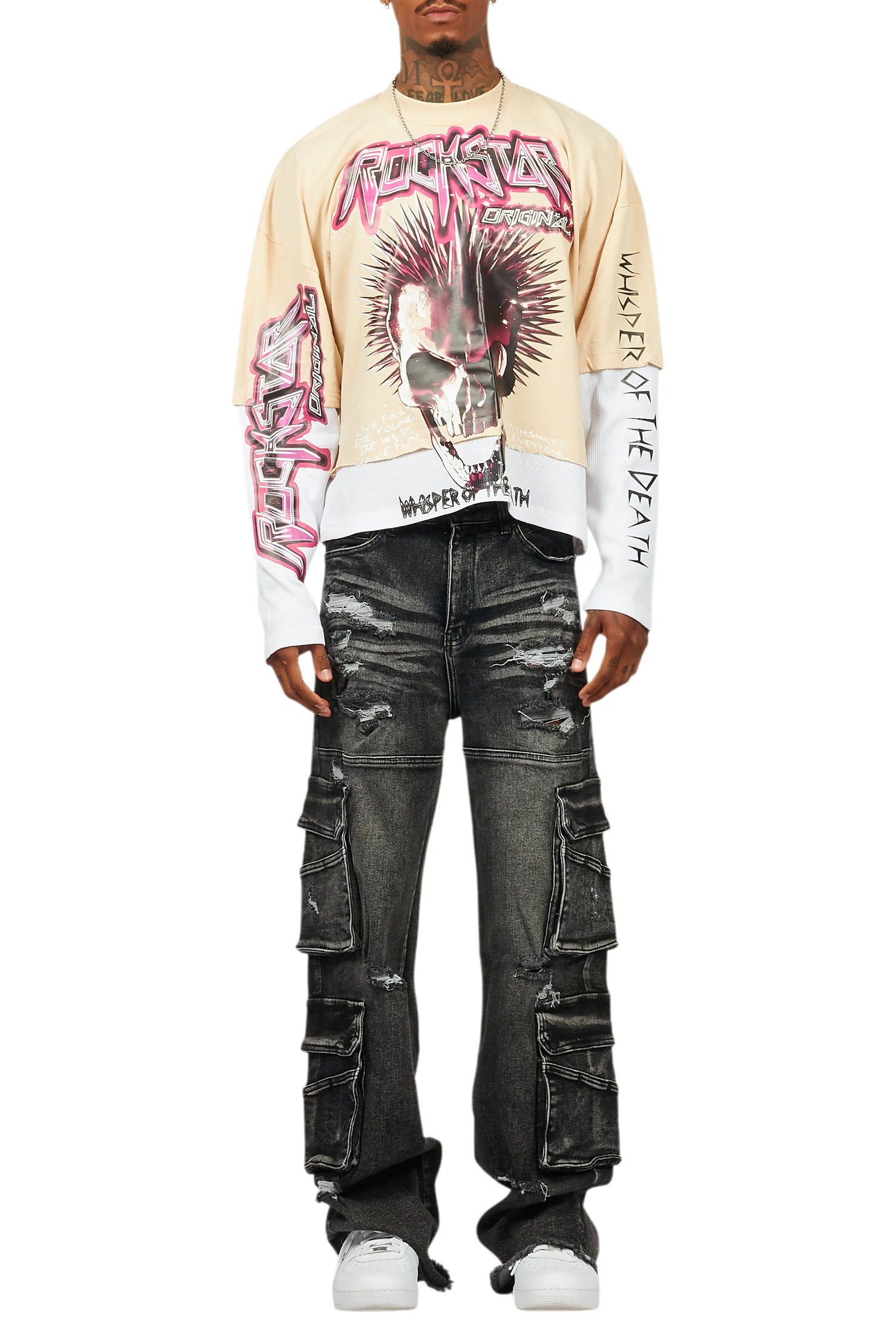 Cariel Vintage Sand Thermal Double Layer Boxy Crop T-Shirt