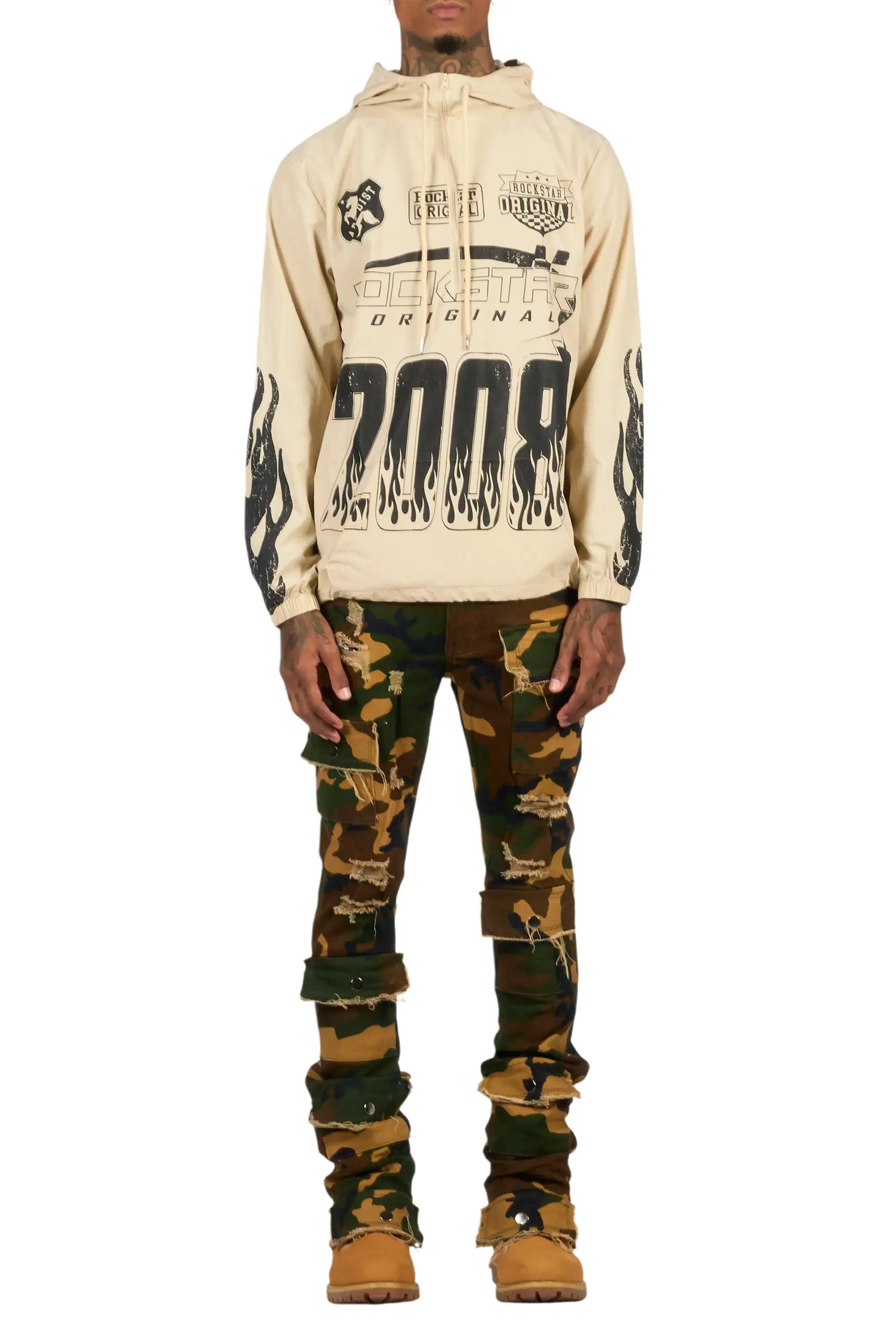 Amos Beige/Camo Windbreaker/Stacked Flare Jean Set