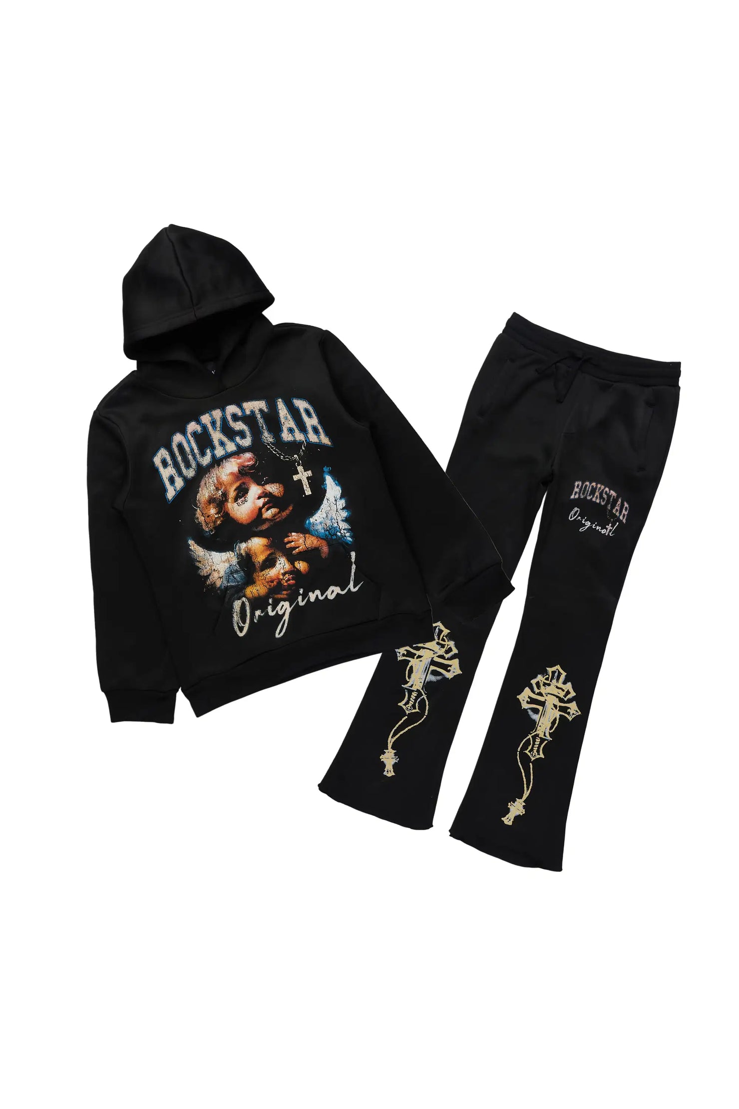 Boys Deiter Black Hoodie/Stacked Flare Track Set