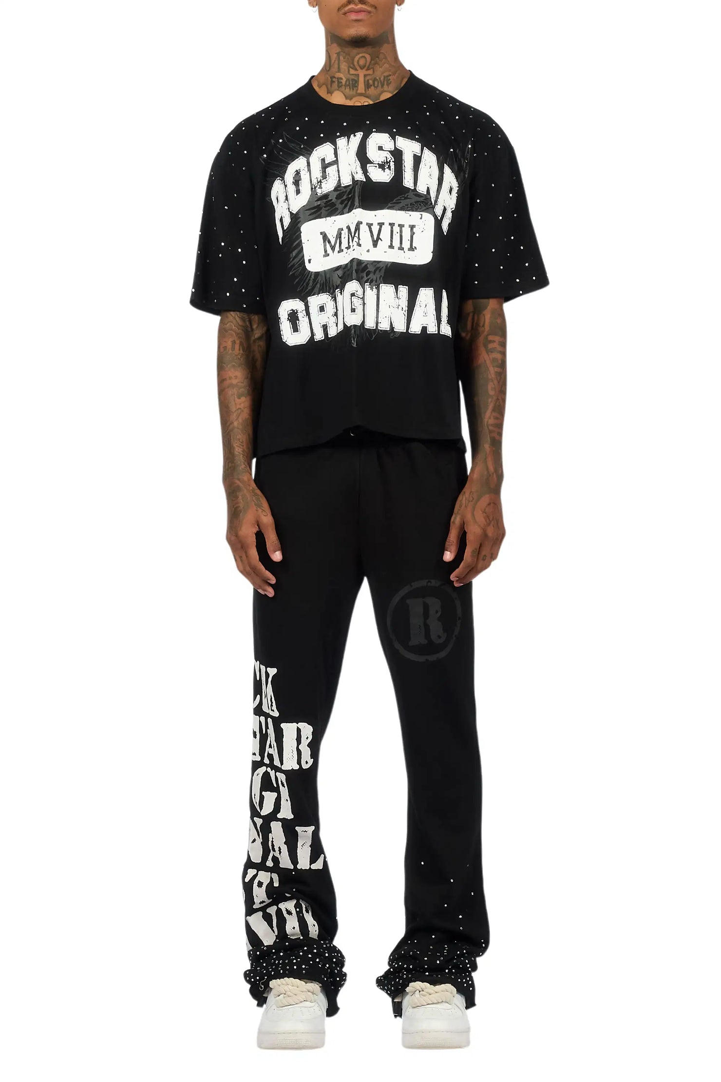 Borya Black Rhinestone T-Shirt/Baggy Stacked Track Set