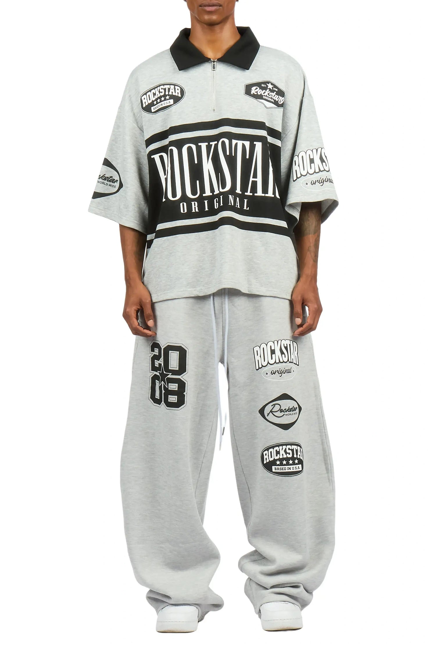 Verseny Heather Grey 1/4 Zip Crop Boxy Tee Fleece /Barrel Fit Set Track Set