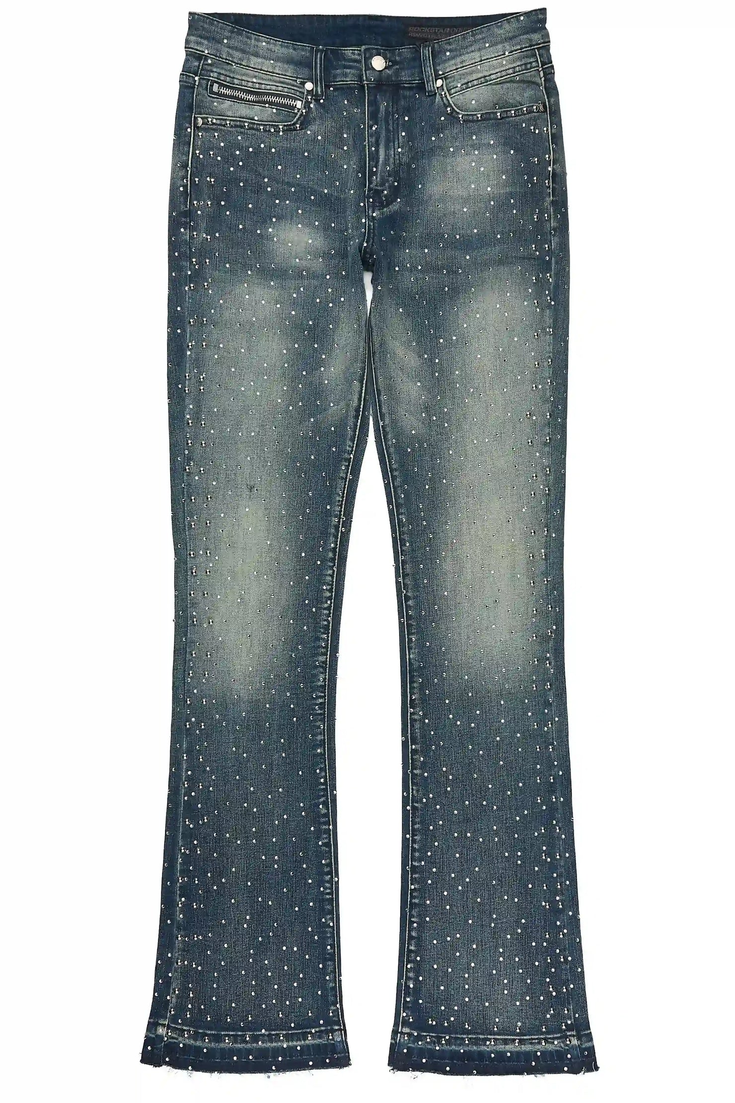 Miller Dark Blue Rhinestone Studded Stacked Flare Jean