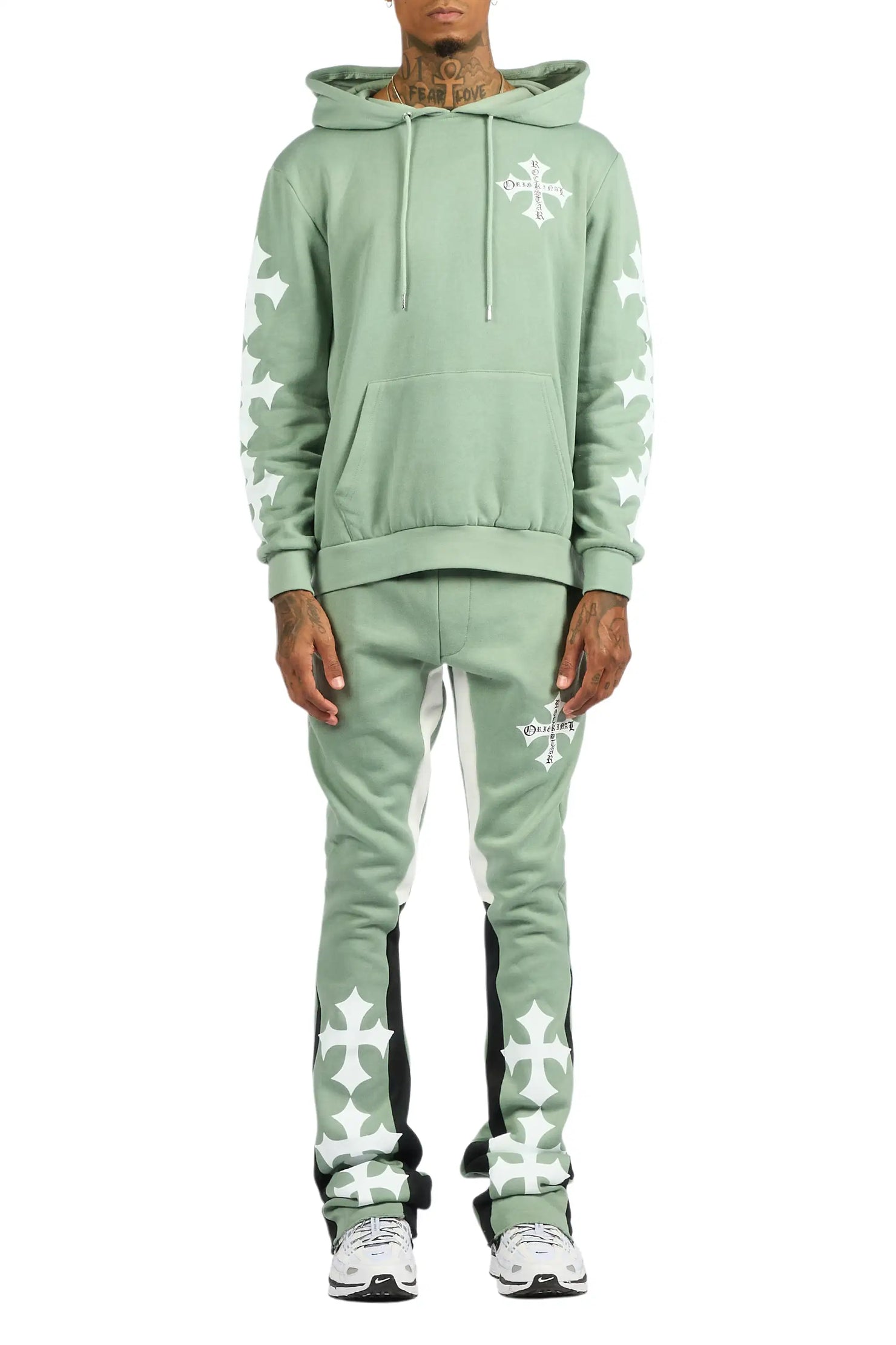 Slaydr Sage/White Hoodie/Stacked Flare Track Set