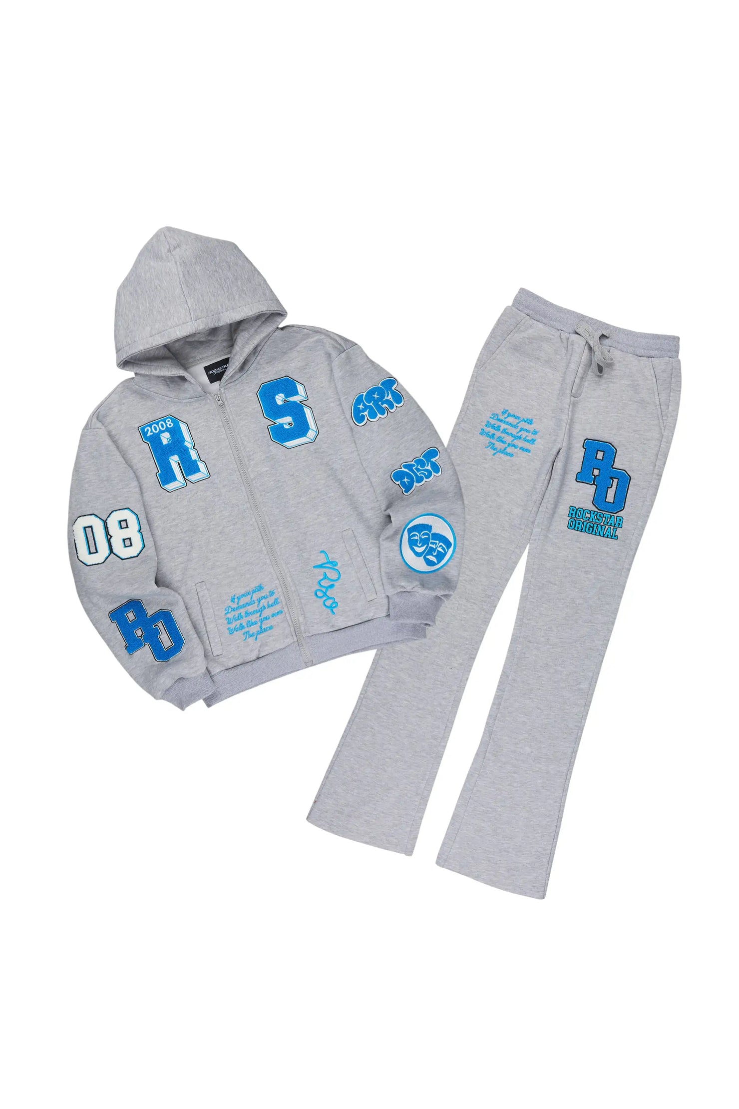 Girls Leslee Heather Grey/Blue Hoodie/Stacked Flare Track Set