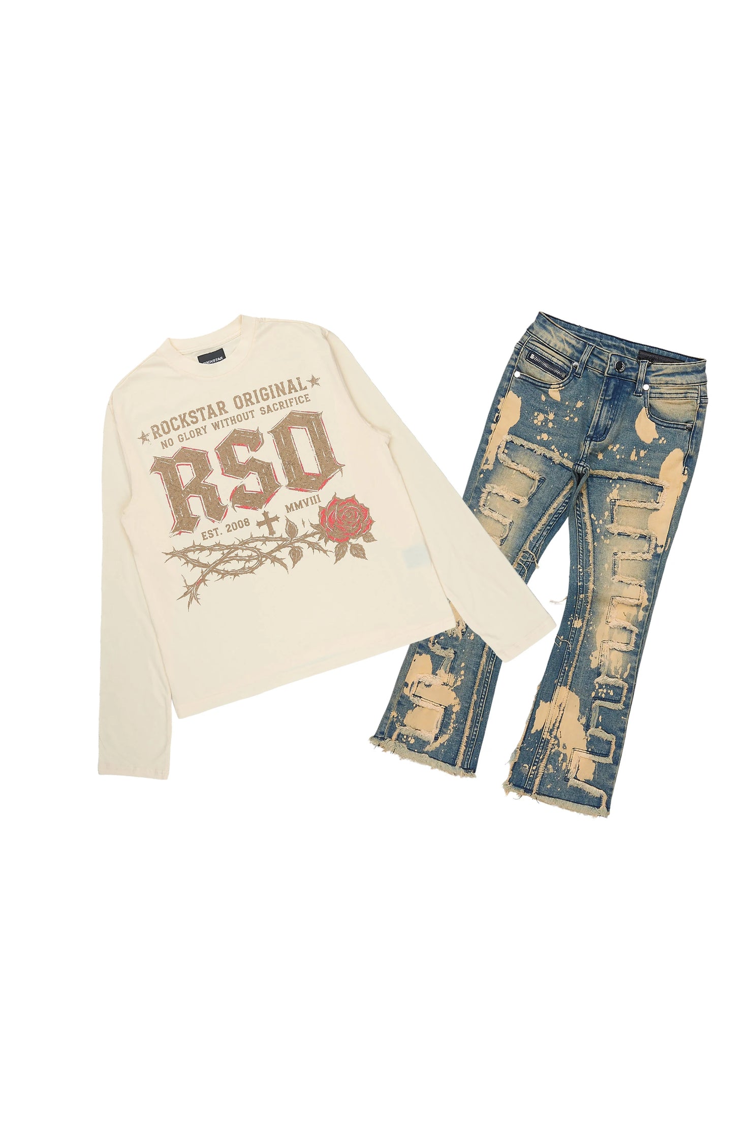 Boys Athens Sand Tint Long Sleeve T-Shirt Stacked Jean Set