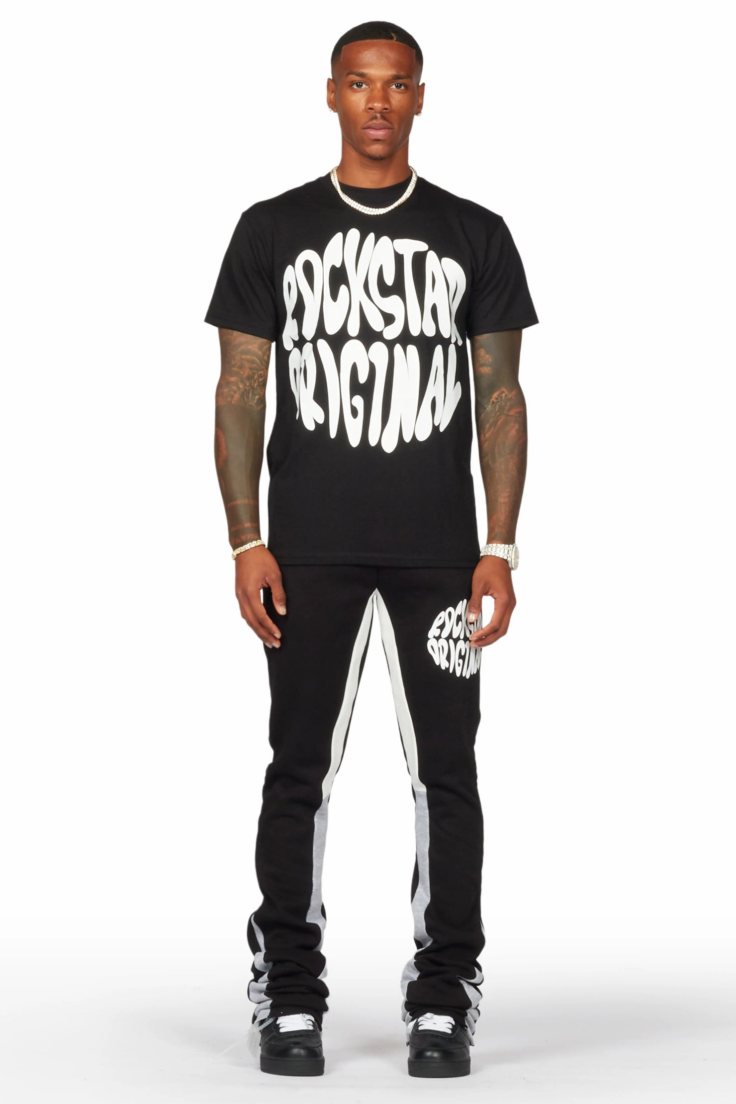 Thierry Black T-Shirt/Super Stacked Flare Track Pant Set