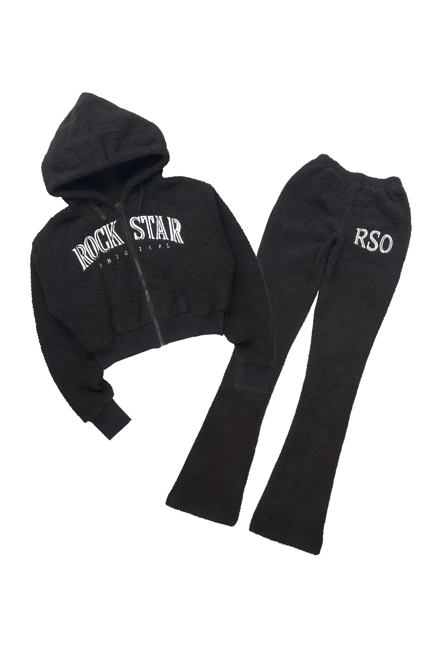 Krystiana Black Sherpa Zip Up Stacked Track Set