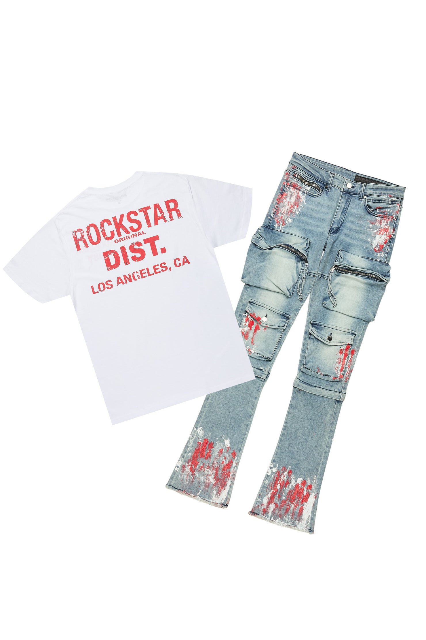 Sley White/Red T-Shirt/Stacked Flare Jean Set