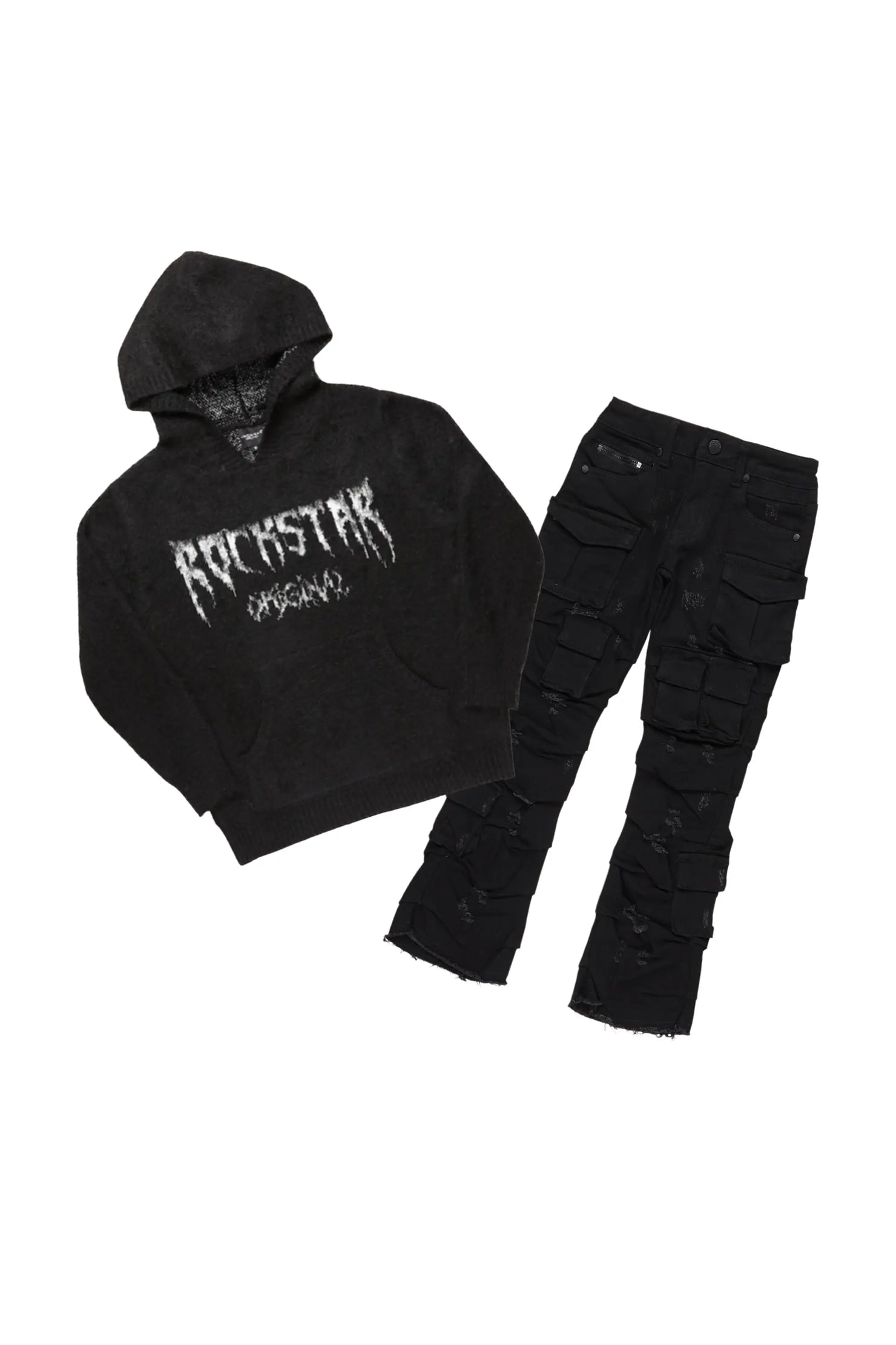 Boys Andros Black Mohair Hoodie/Stacked Flare Jean Set
