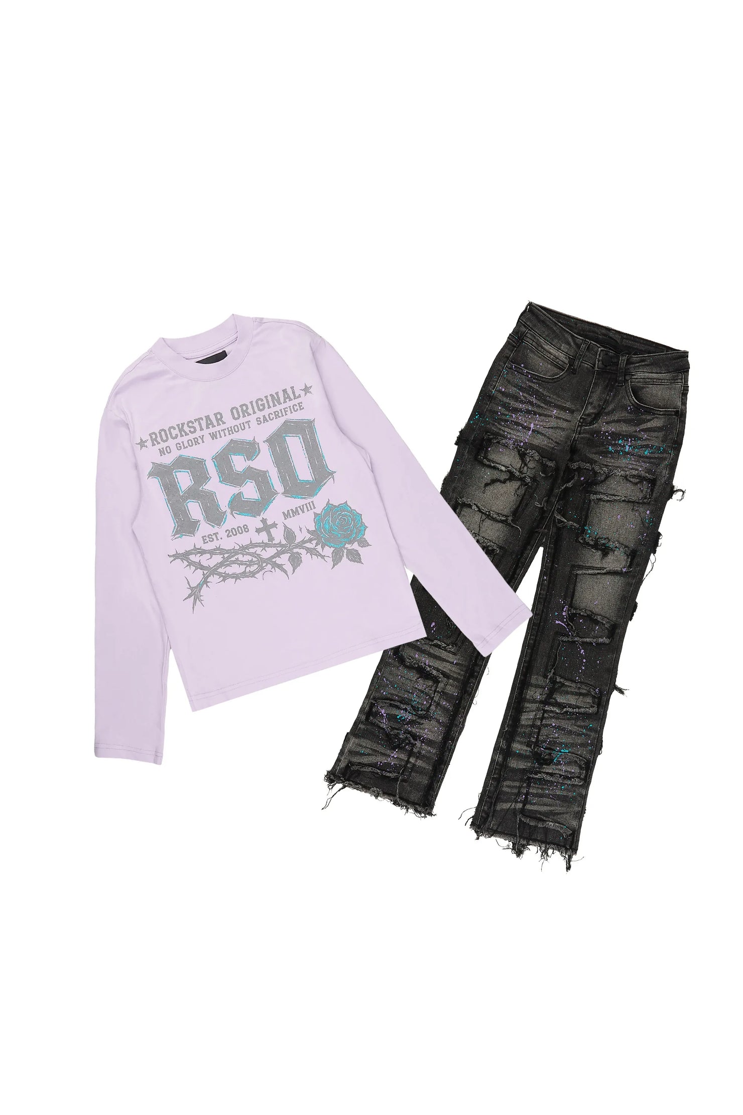 Girls Athena Lavender/Black Long Sleeve T-Shirt Stacked Painter Jean Set