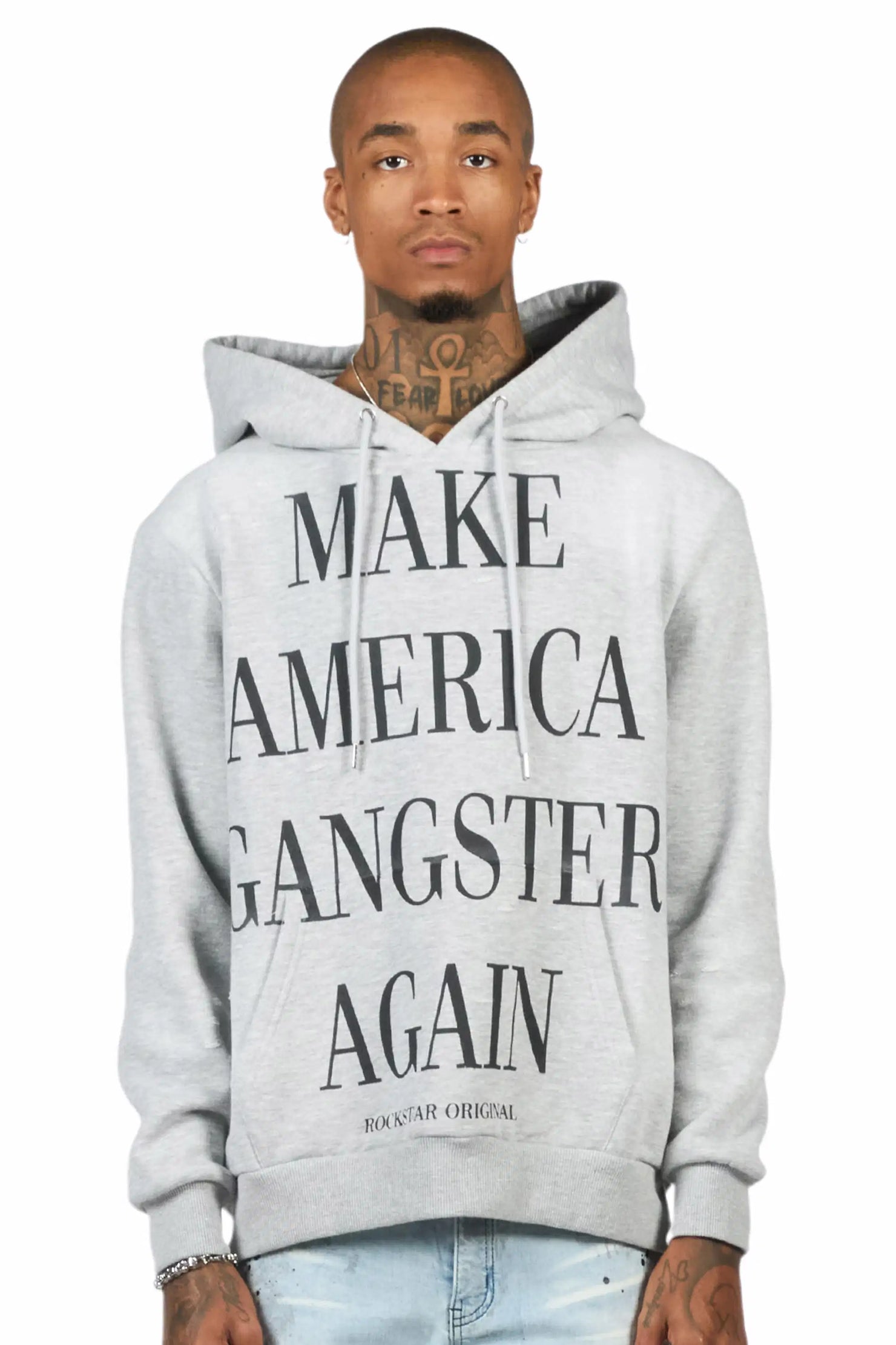 Drako Heather Grey Graphic Distressed Relaxed Hoodie