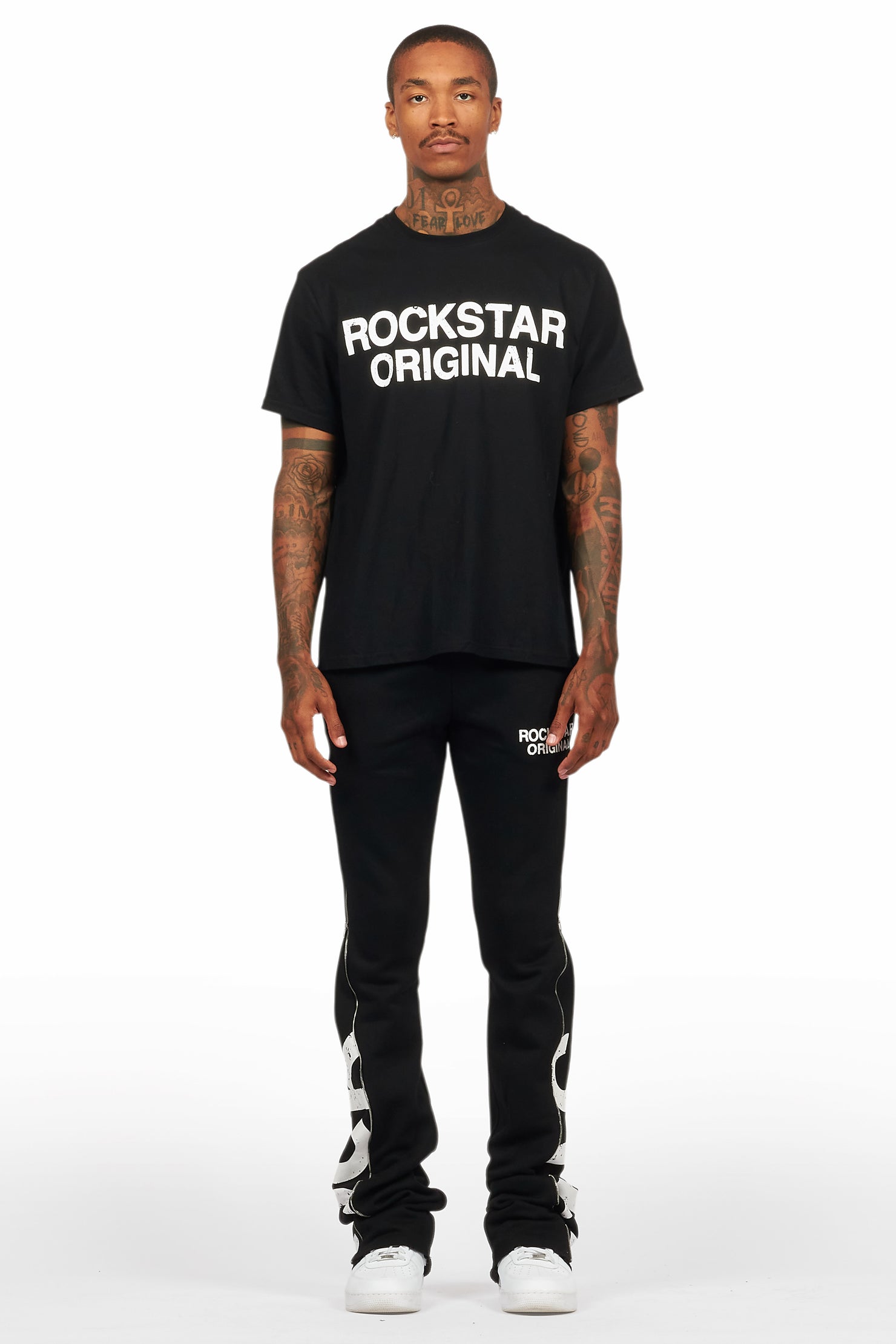 Deniska Black T-Shirt/Baggy Stacked Flare Track Set