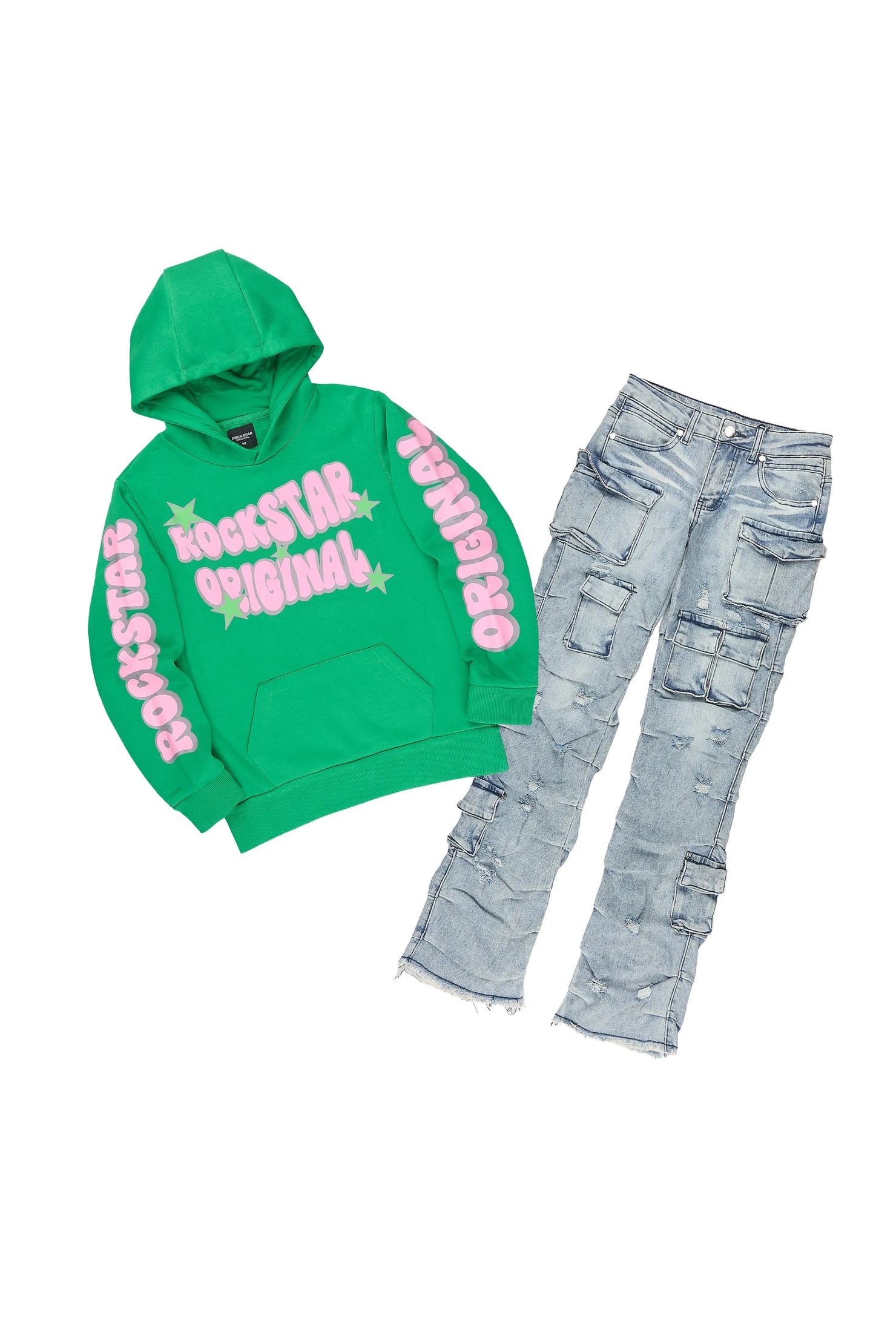 Girls Emmy Green Hoodie & Gentry Blue Stacked Jean Set