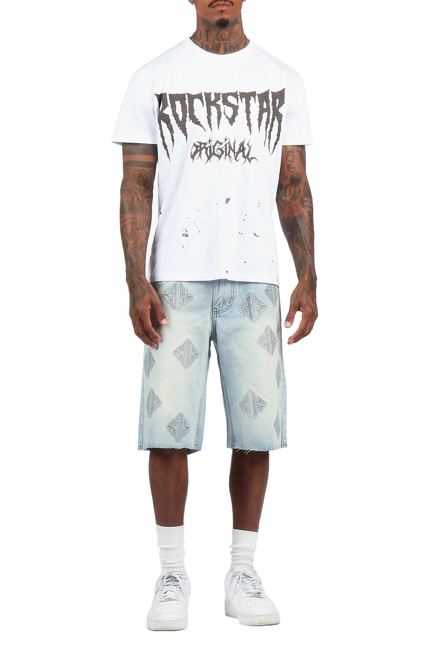 Demanuele Light Blue Rhinestones Denim Short