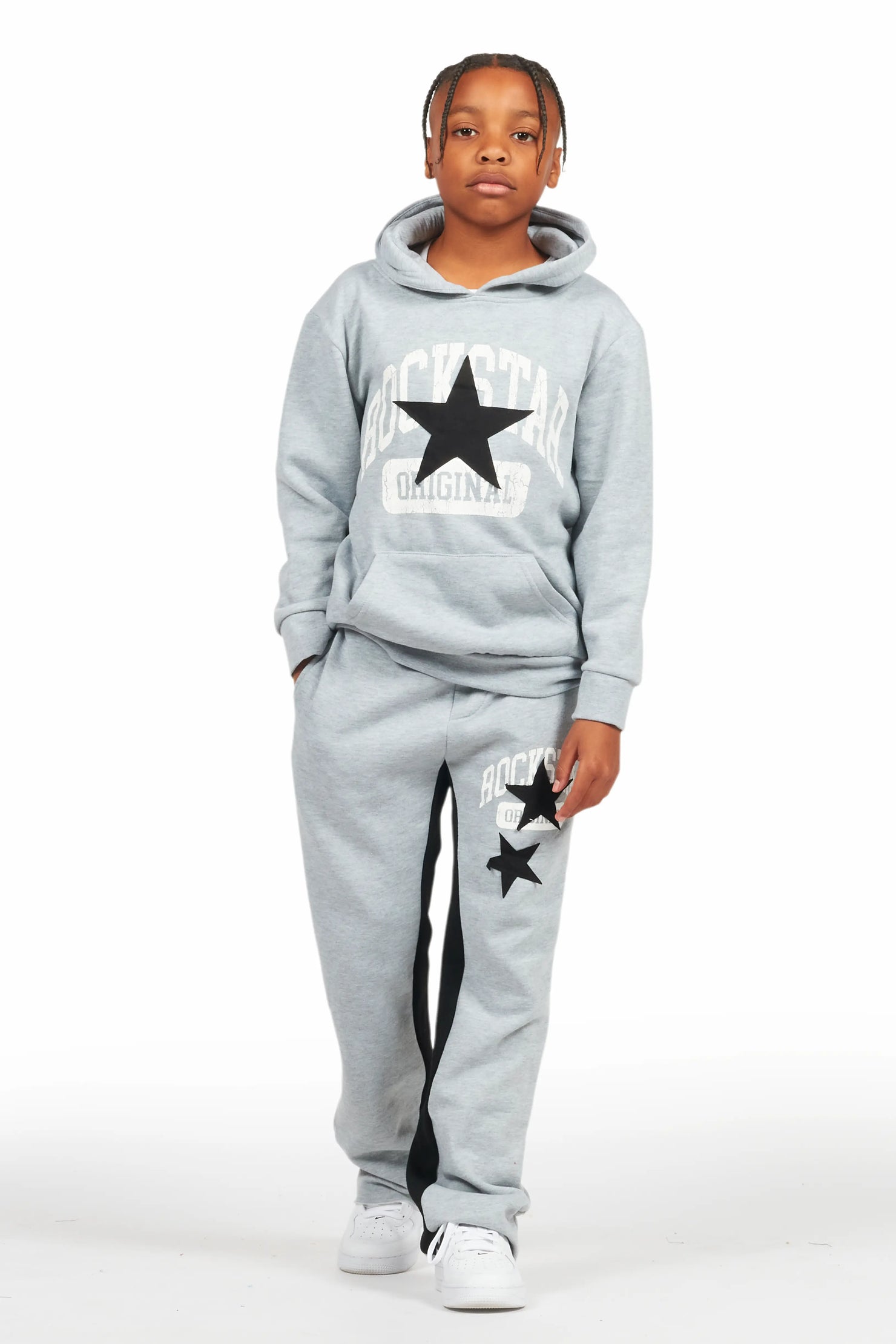 Boys Mallor Heather Grey Baggy Stacked Hoodie Track Set