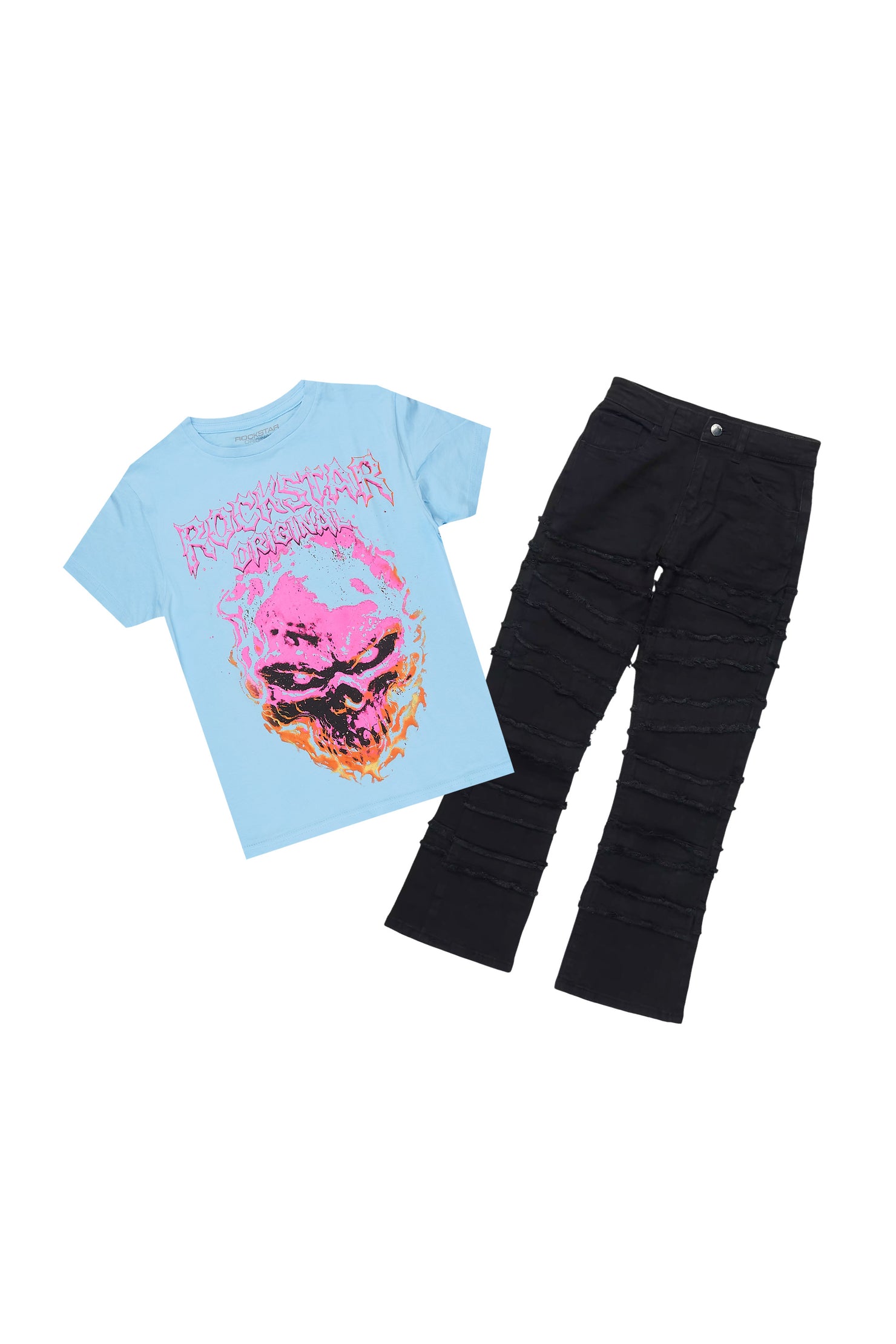 Boys Pixel Light Blue/Black T-Shirt Stacked Jean Set