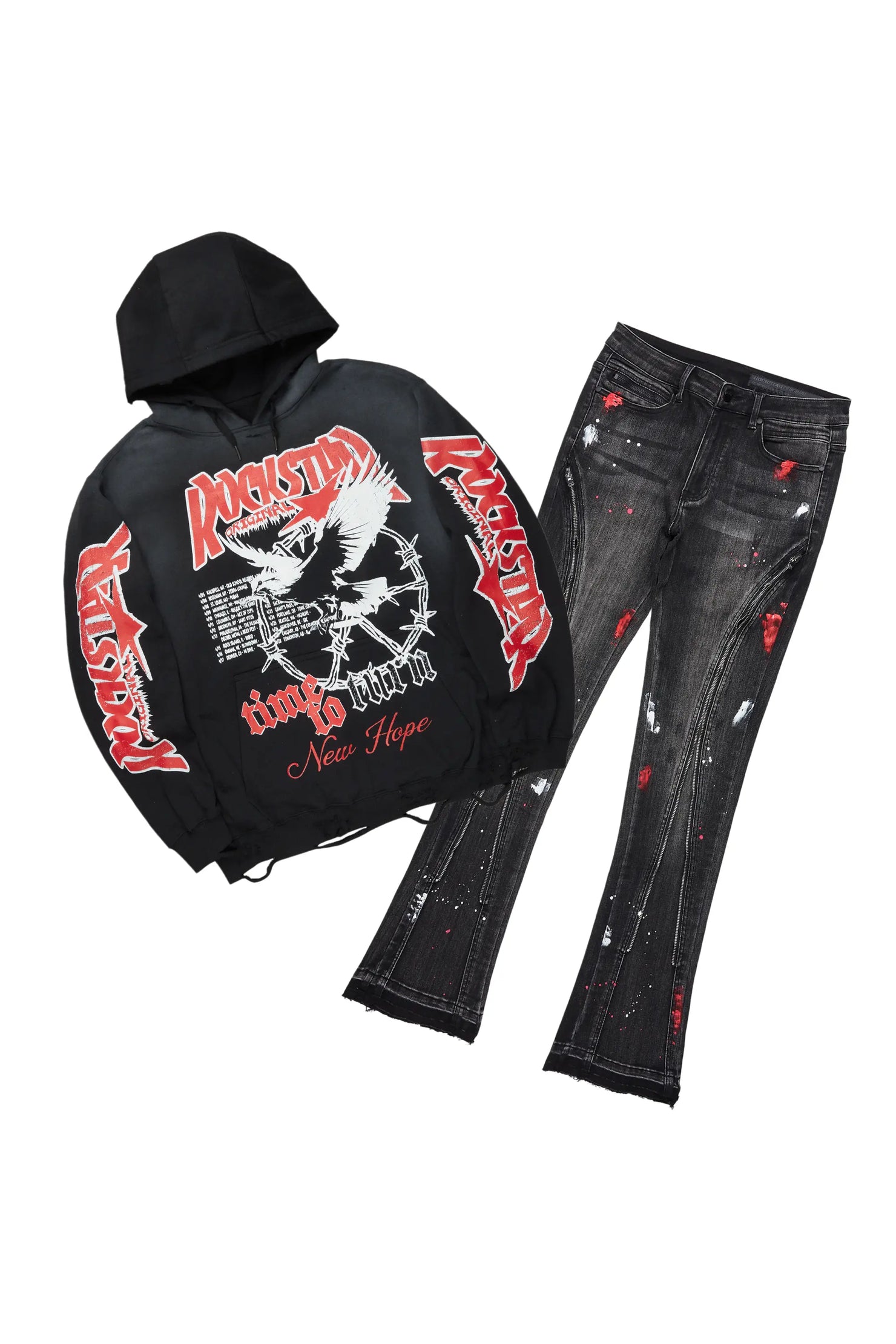 Burial Black Hoodie/Stacked Flare Jean Bundle