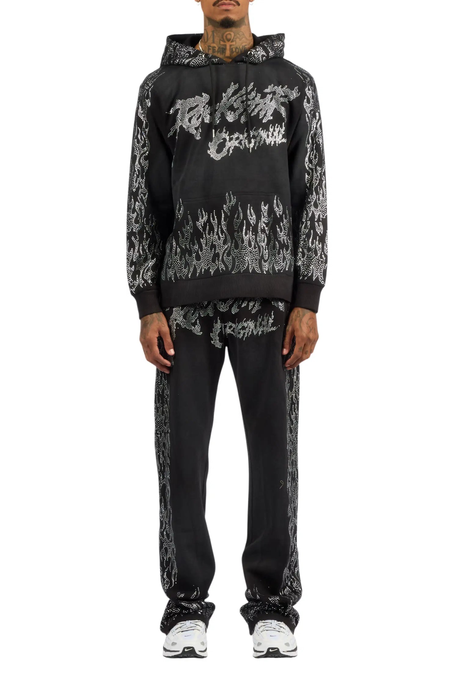 Bubble Black Rhinestone Stacked Flare Hoodie Track Set