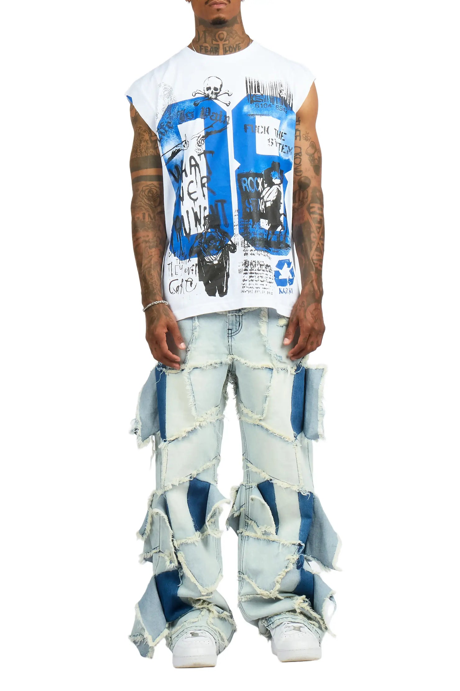 Grill 3.0 White/Blue Oversized Graphic T-Shirt & Jacomus Baggy Fit Jean Set