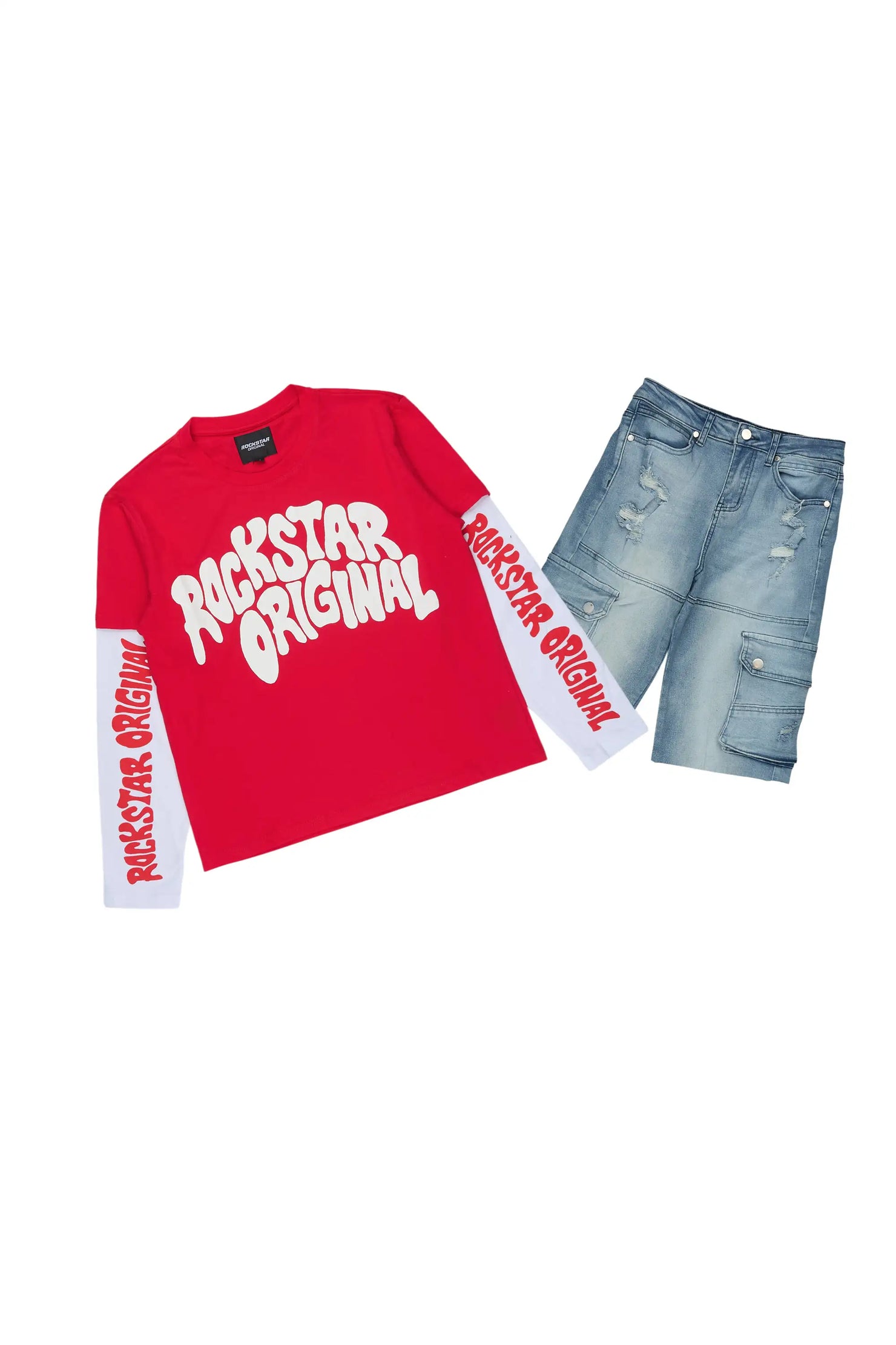 Boys Keymon Red/Blue Long Sleeve T-Shirt Denim Short Set