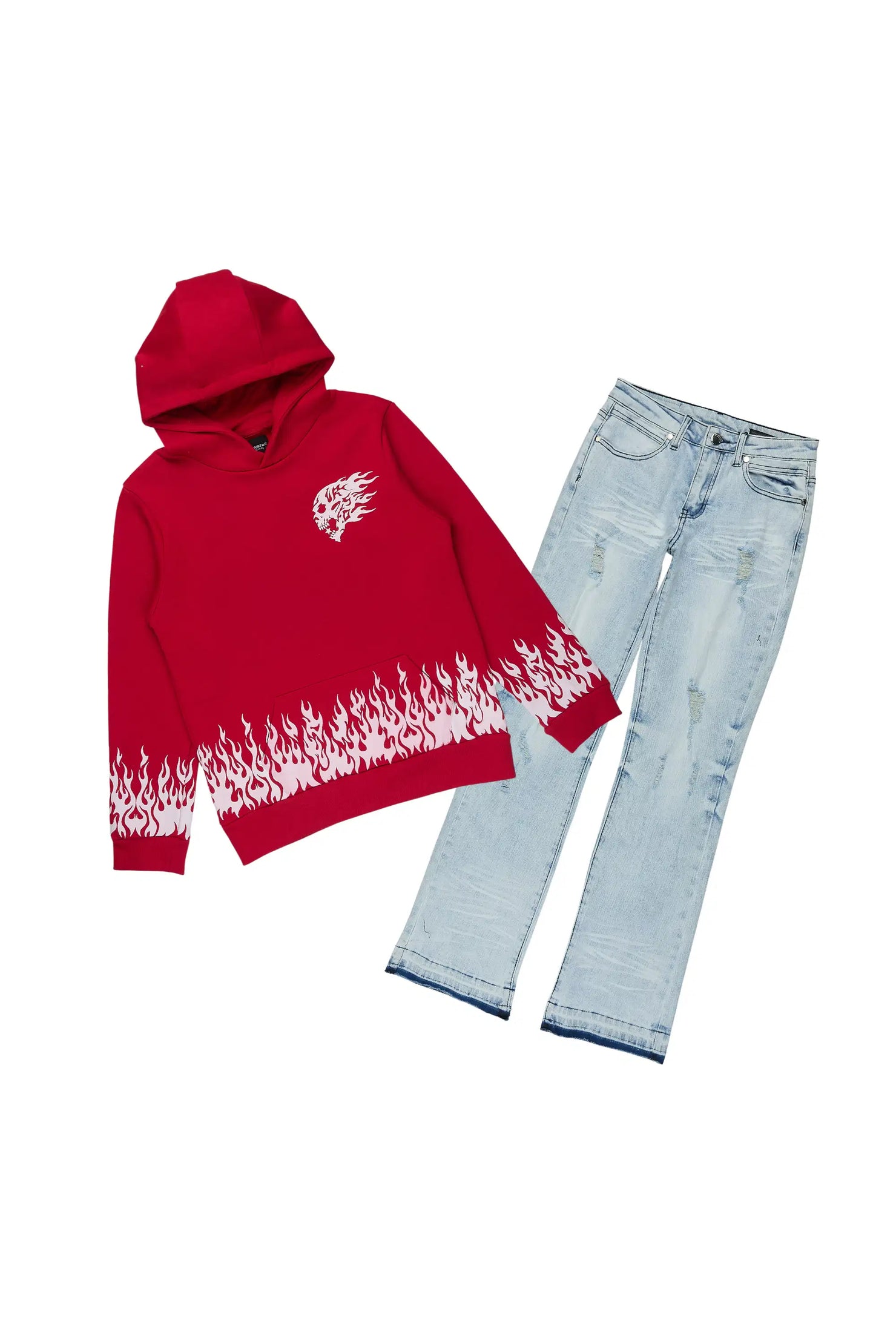 Boys Bubble Red Hoodie Stacked Jean Set