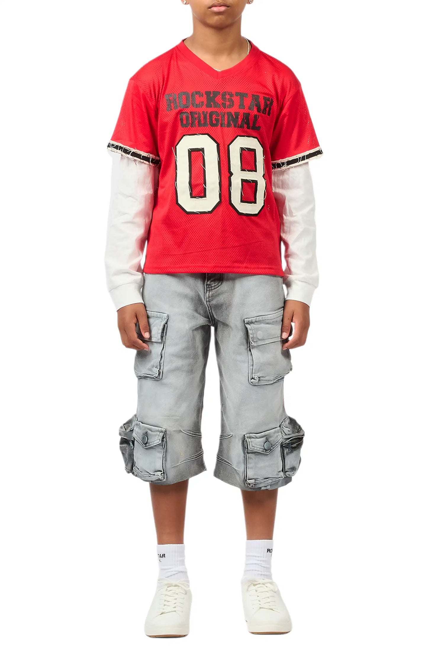 Boys Deston Red/Grey Double Layer T-Shirt/Denim Jort Set