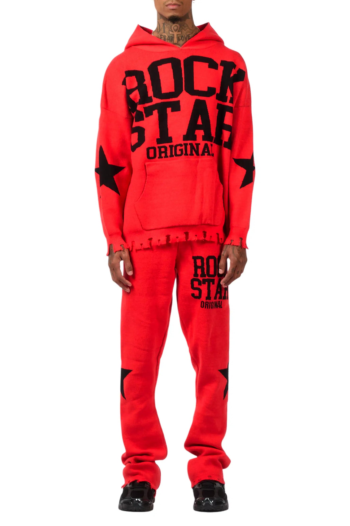 Outlaw Red Hoodie Stacked Flare Knitted Set