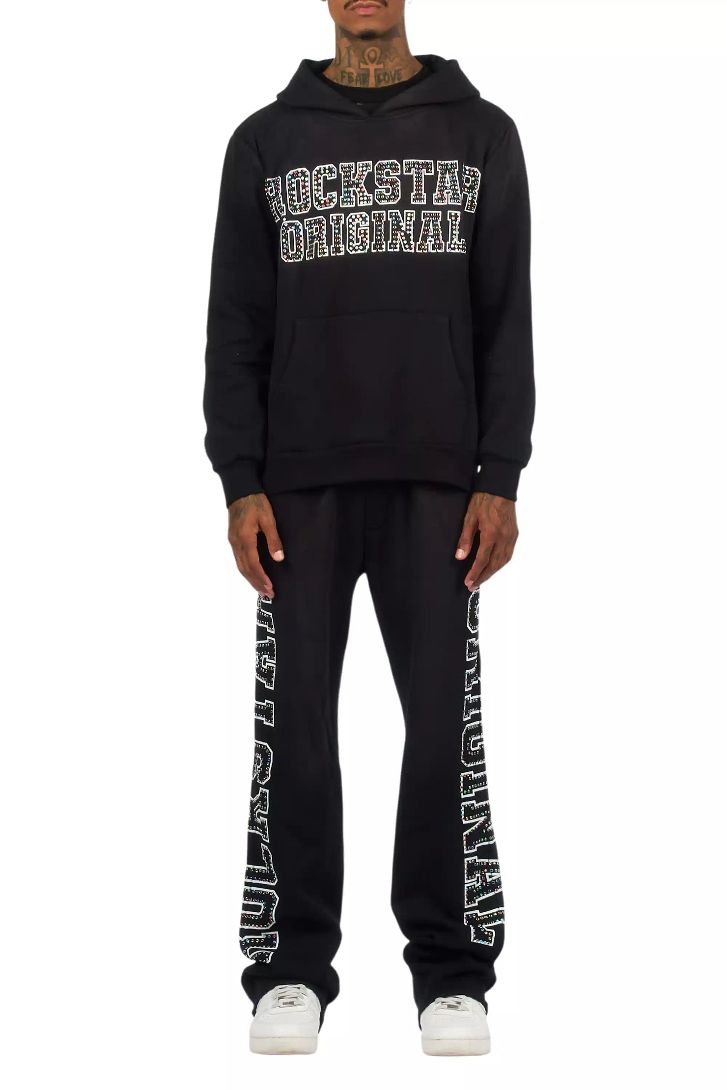 Ustin Black Rhinestone Hoodie Relaxed Track Set