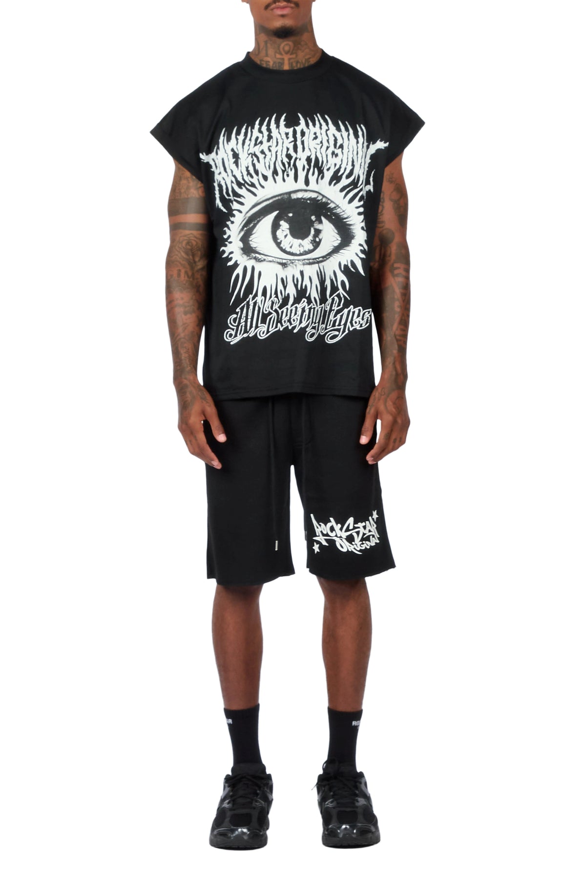 All Seeing Eyes Black Cut Sleeve Short Set