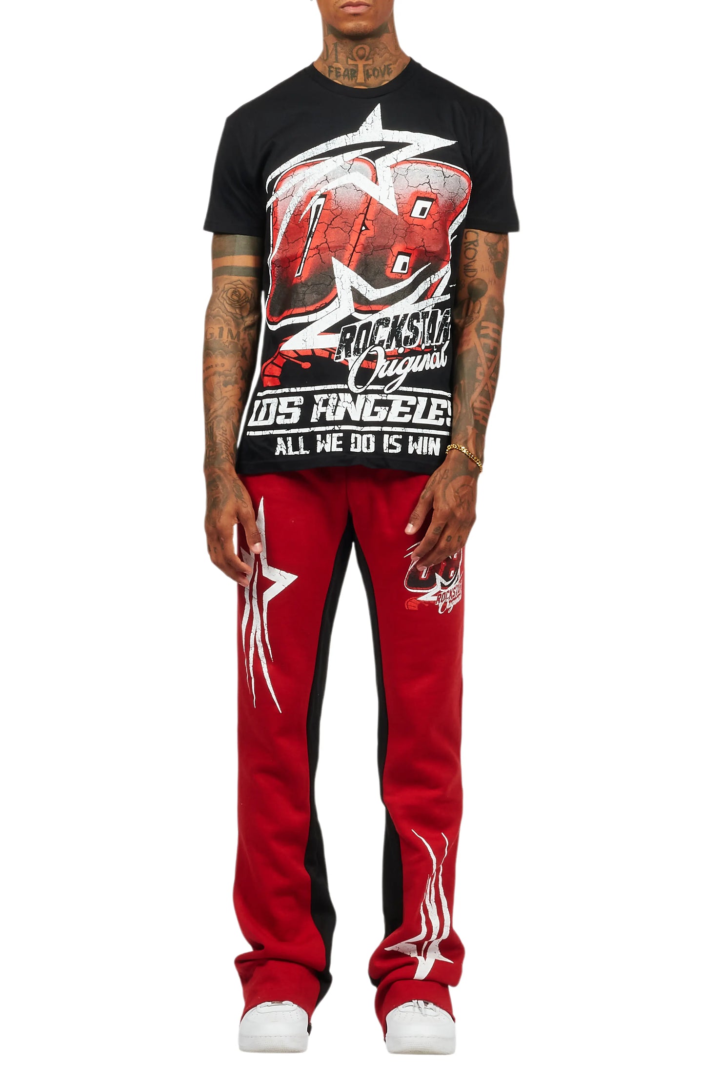 Kastell Black/Burgundy T-Shirt/Stacked Baggy Track Pant Set