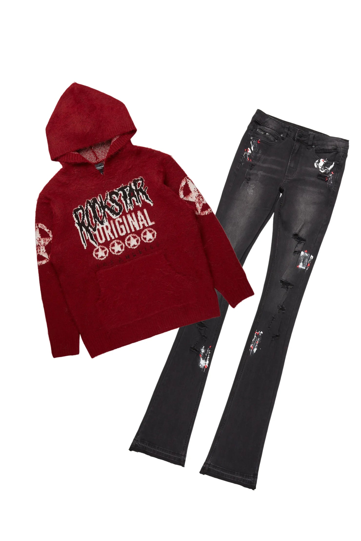 Wizzurd Red Mohair Hoodie/Super Stacked Flare Jean Bundle