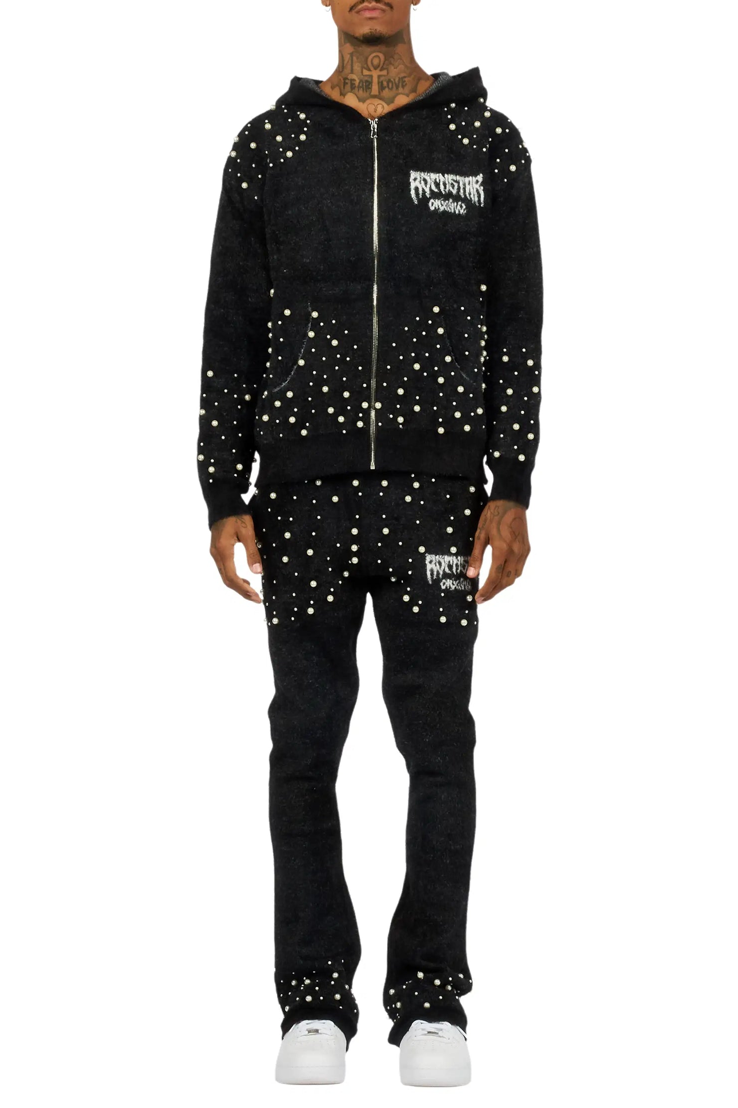 Twinkle Black/Black Rhinestone Hoodie Stacked Flare Track Set