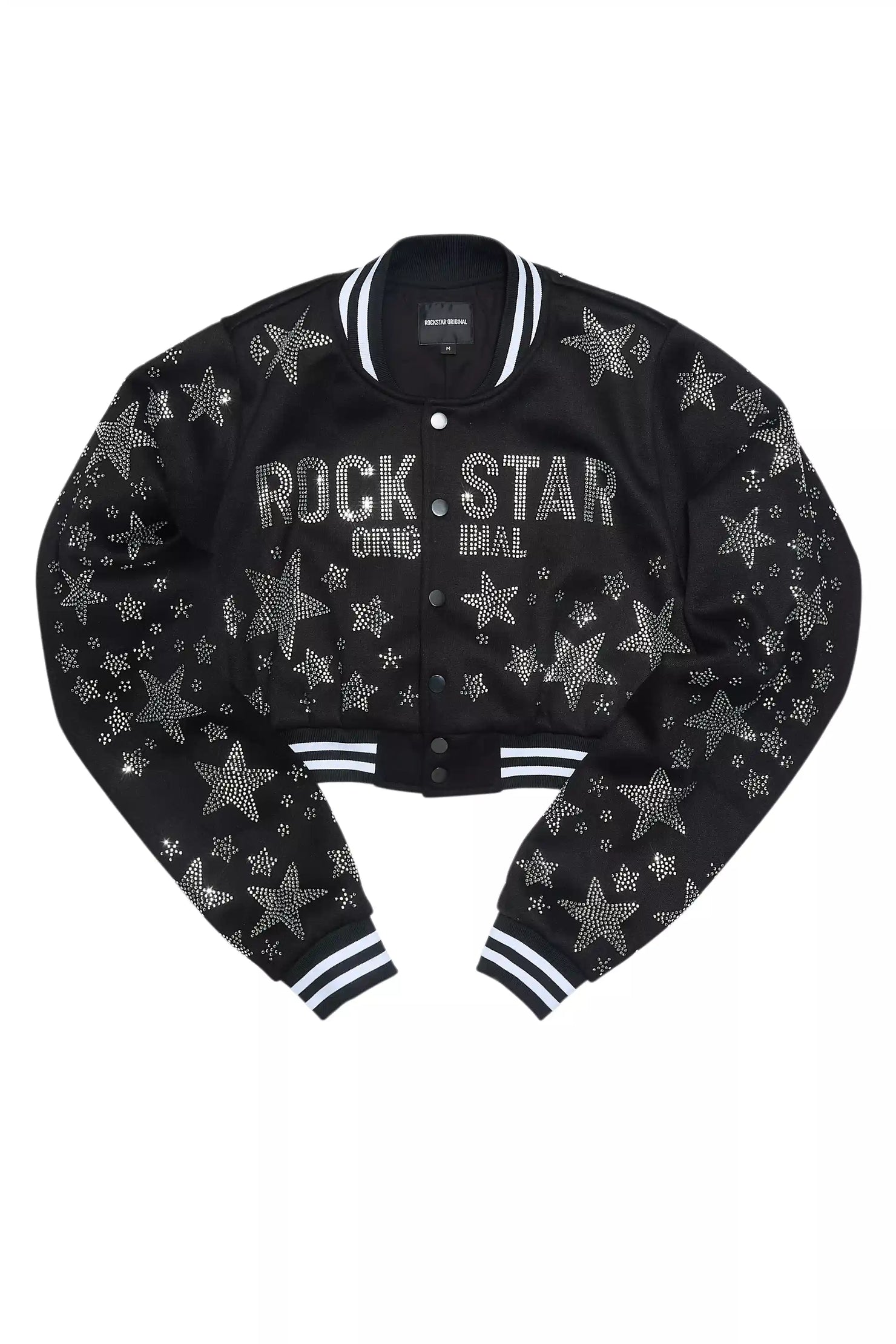 Shanda Black Crop Rhinestone Varsity Jacket