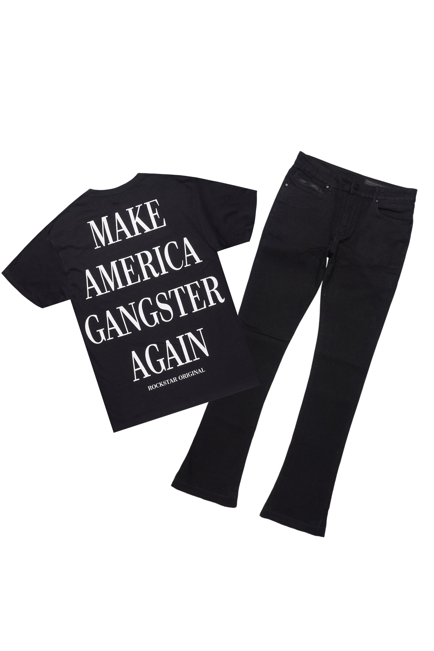 Drako Black/White Oversized Graphic T-Shirt/Dag Stacked Flare Jean Set